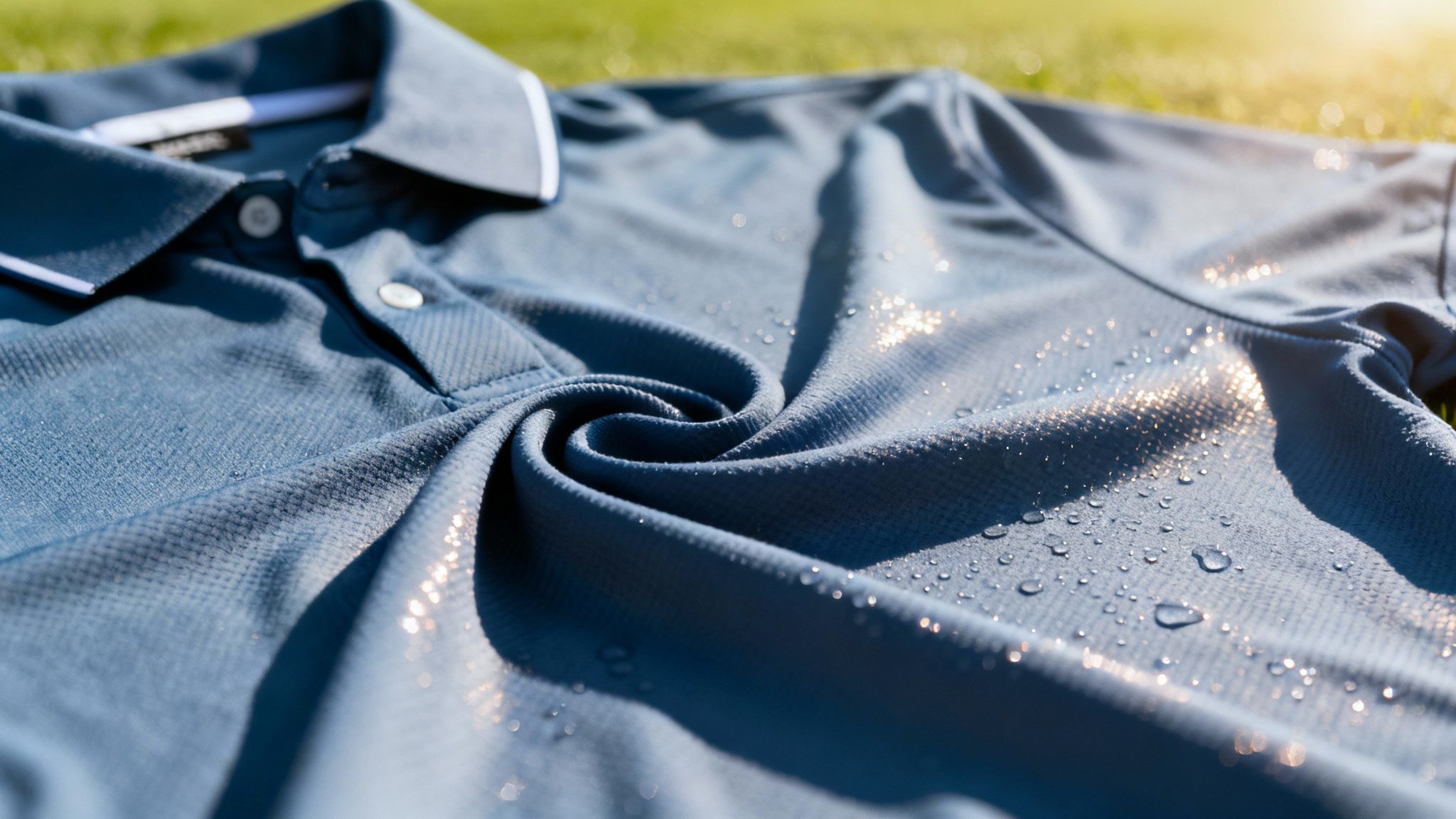 Close-up of a golfer's performance fabric shirt