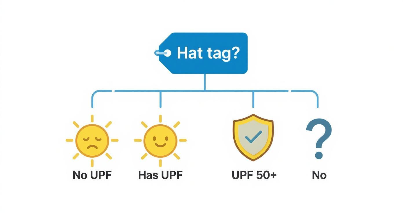 Infographic decision tree for checking a golf hat's UPF rating.