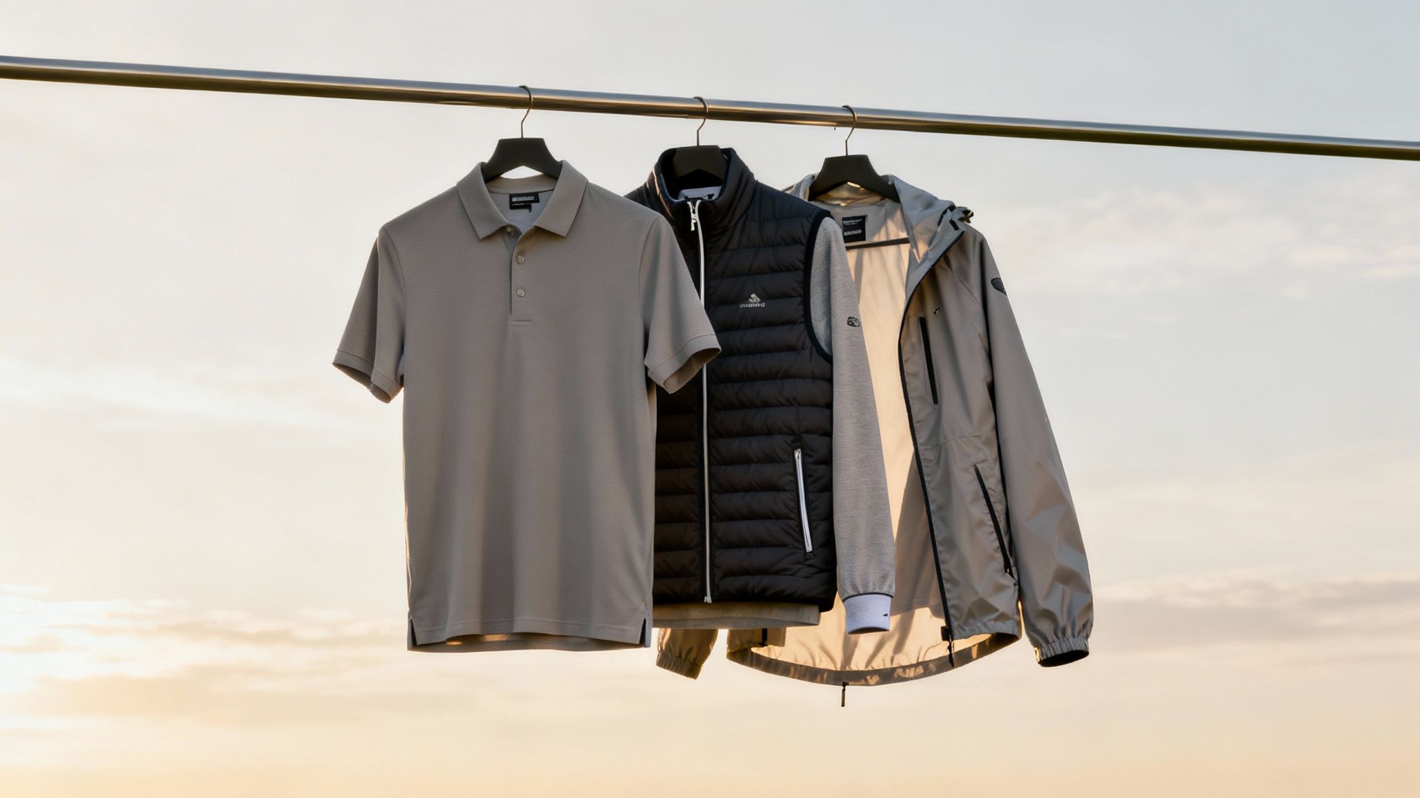 A person in a blue performance golf polo preparing to swing