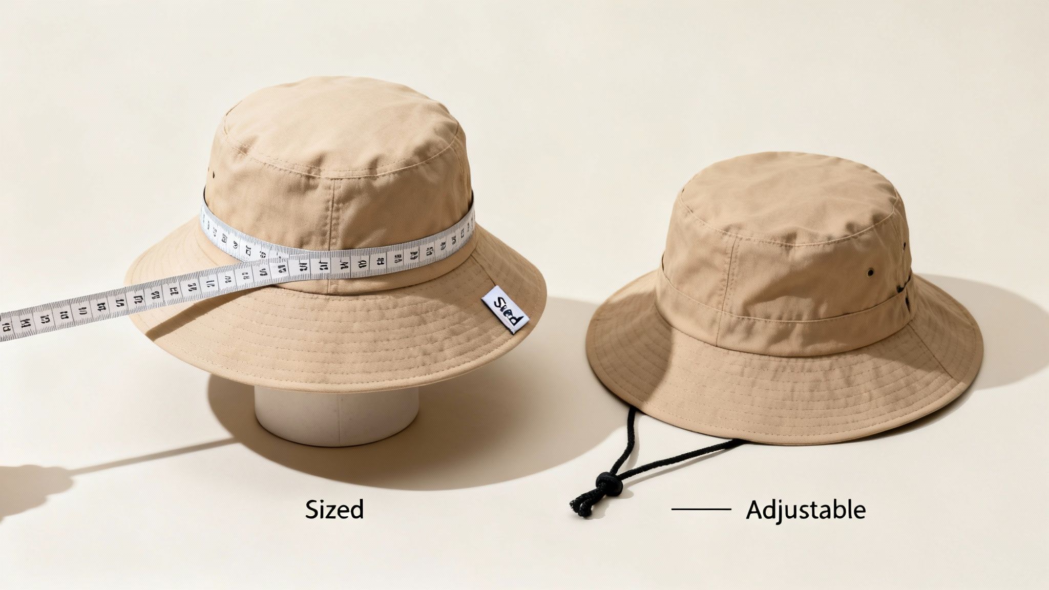 Two beige bucket hats: one Sized with a measuring tape, the other Adjustable with a chin strap.