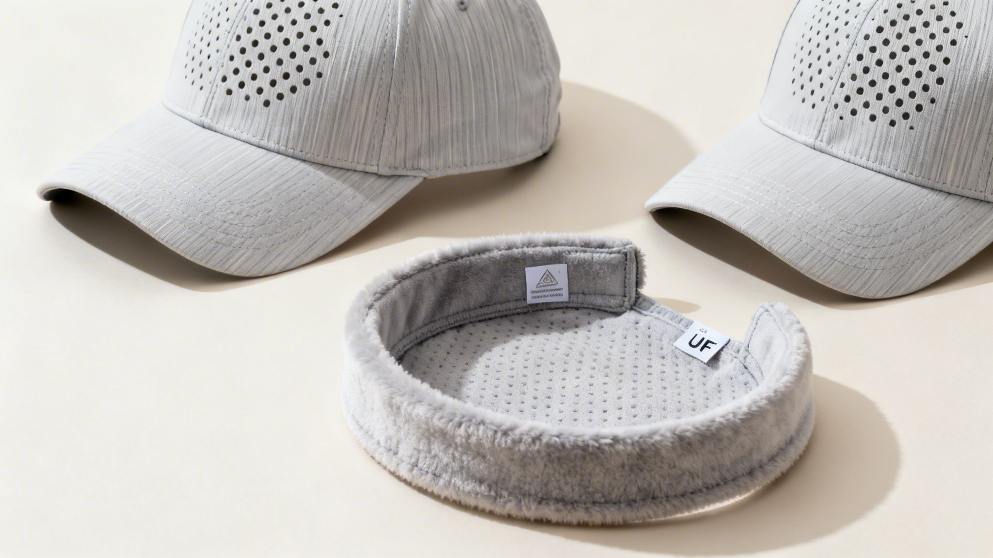 Two light gray perforated caps with striped texture and a soft gray headband.