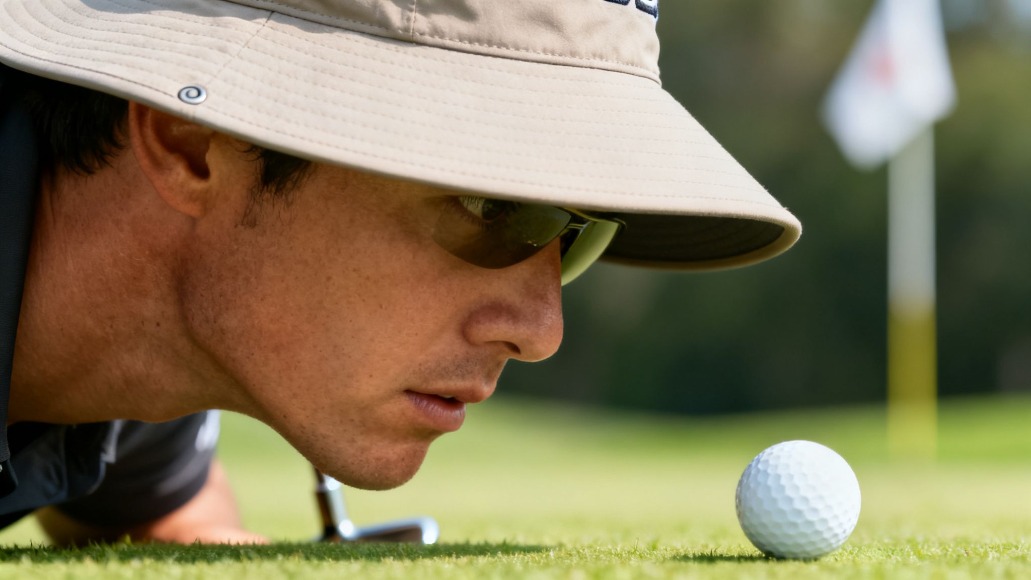A golfer in a bucket hat and sunglasses intensely studies a golf ball on the green.