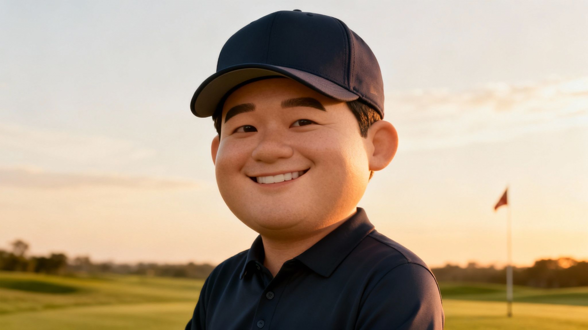 An animated Asian man smiles on a golf course, wearing a dark blue golf cap and polo shirt.
