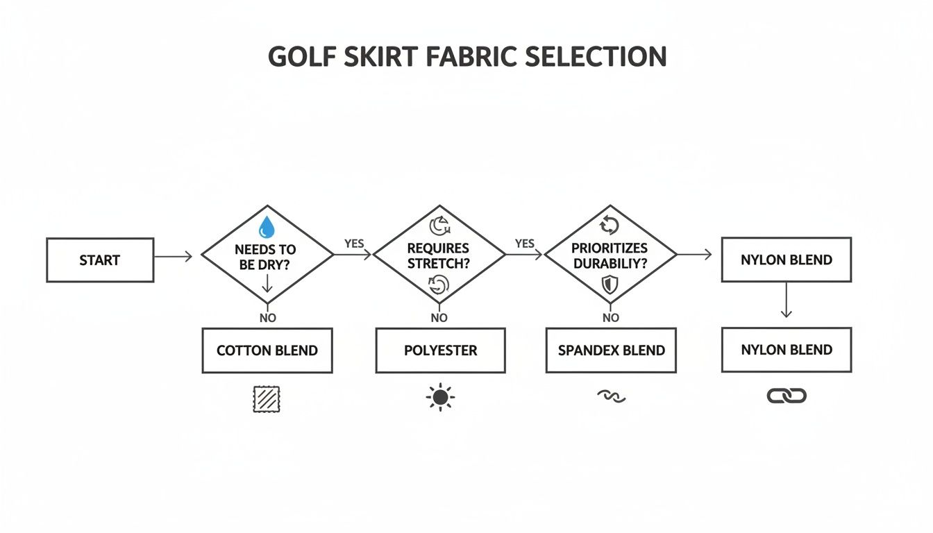 A detailed flowchart for golf skirt fabric selection, guiding choices based on dryness, stretch, and durability.