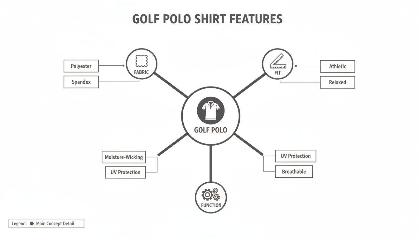 A diagram illustrating golf polo shirt features, detailing fabric, fit, and key functions like moisture-wicking.