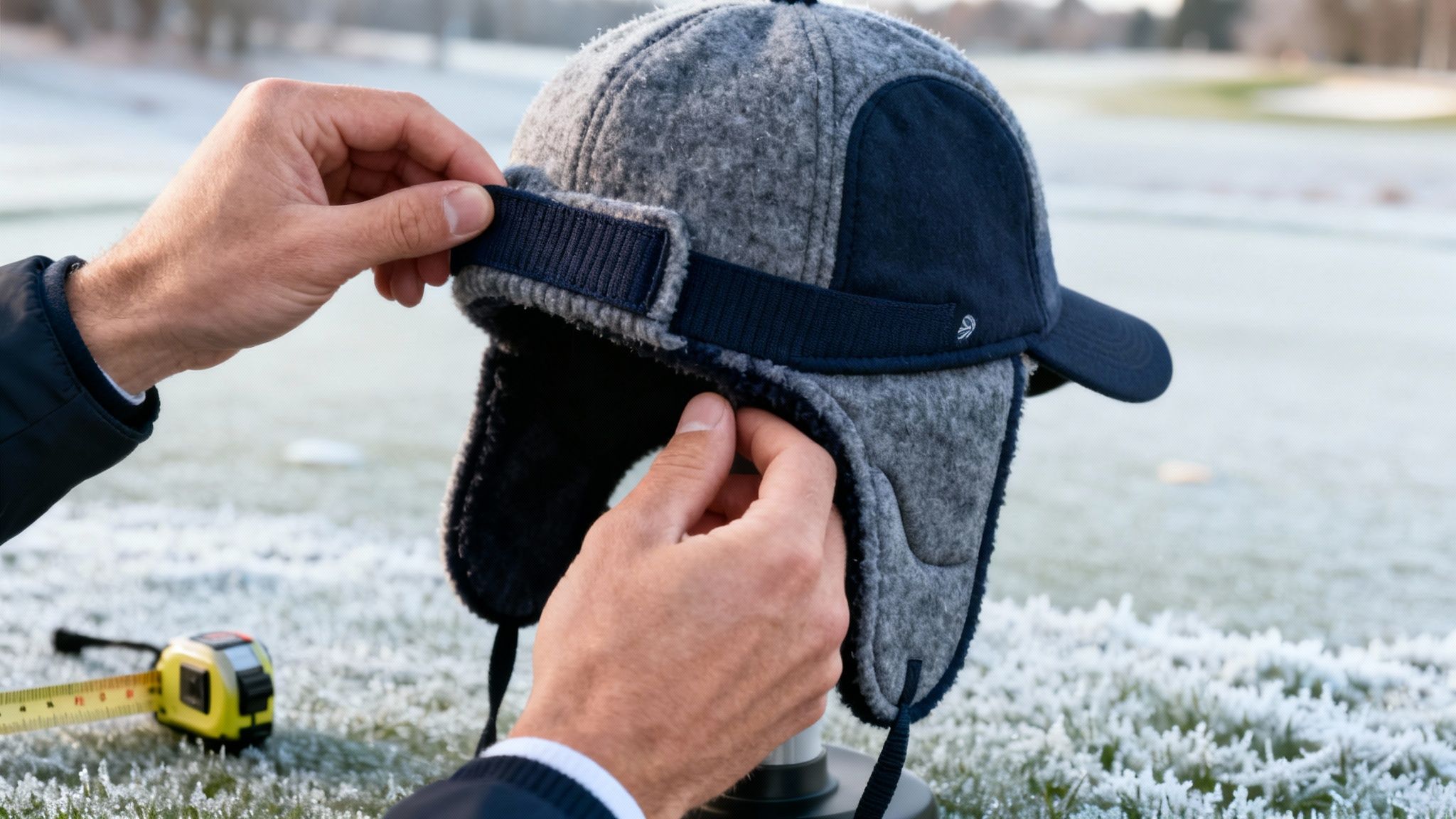 Person's hands adjusting a grey and blue winter hat with ear flaps on a frosty golf course.