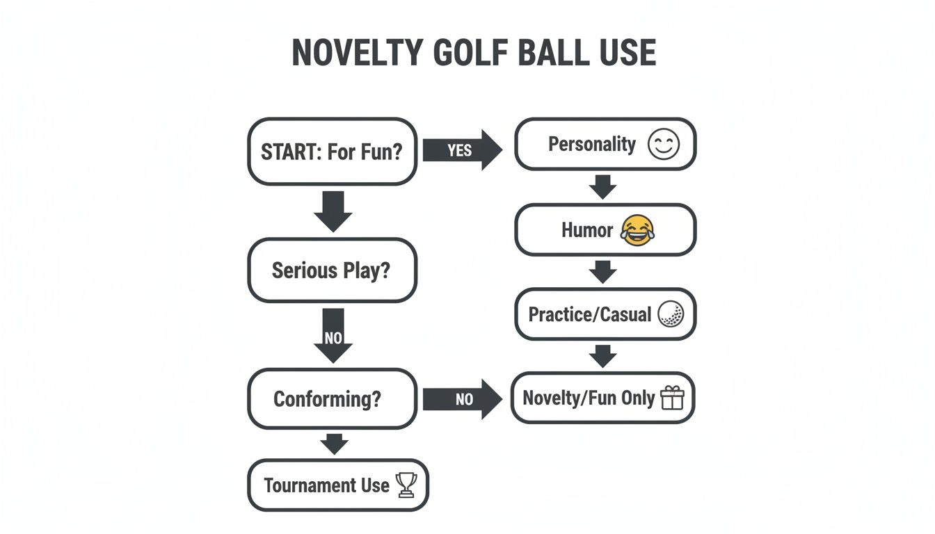 A flowchart detailing the decision process for novelty golf ball use, from fun to tournament play.
