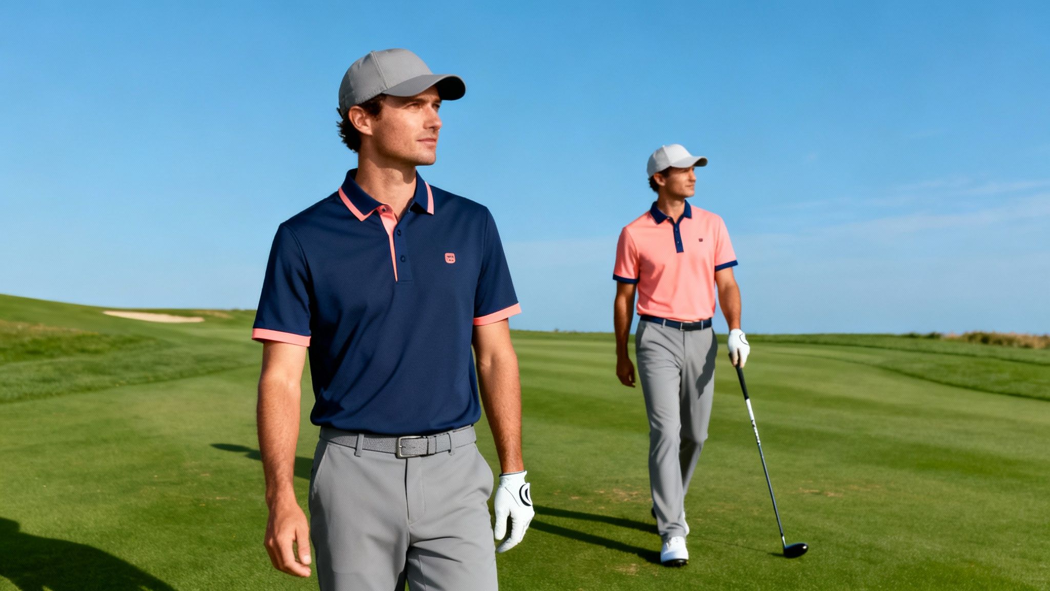 Two men in coordinating golf polos and pants walking on a sunny green golf course.