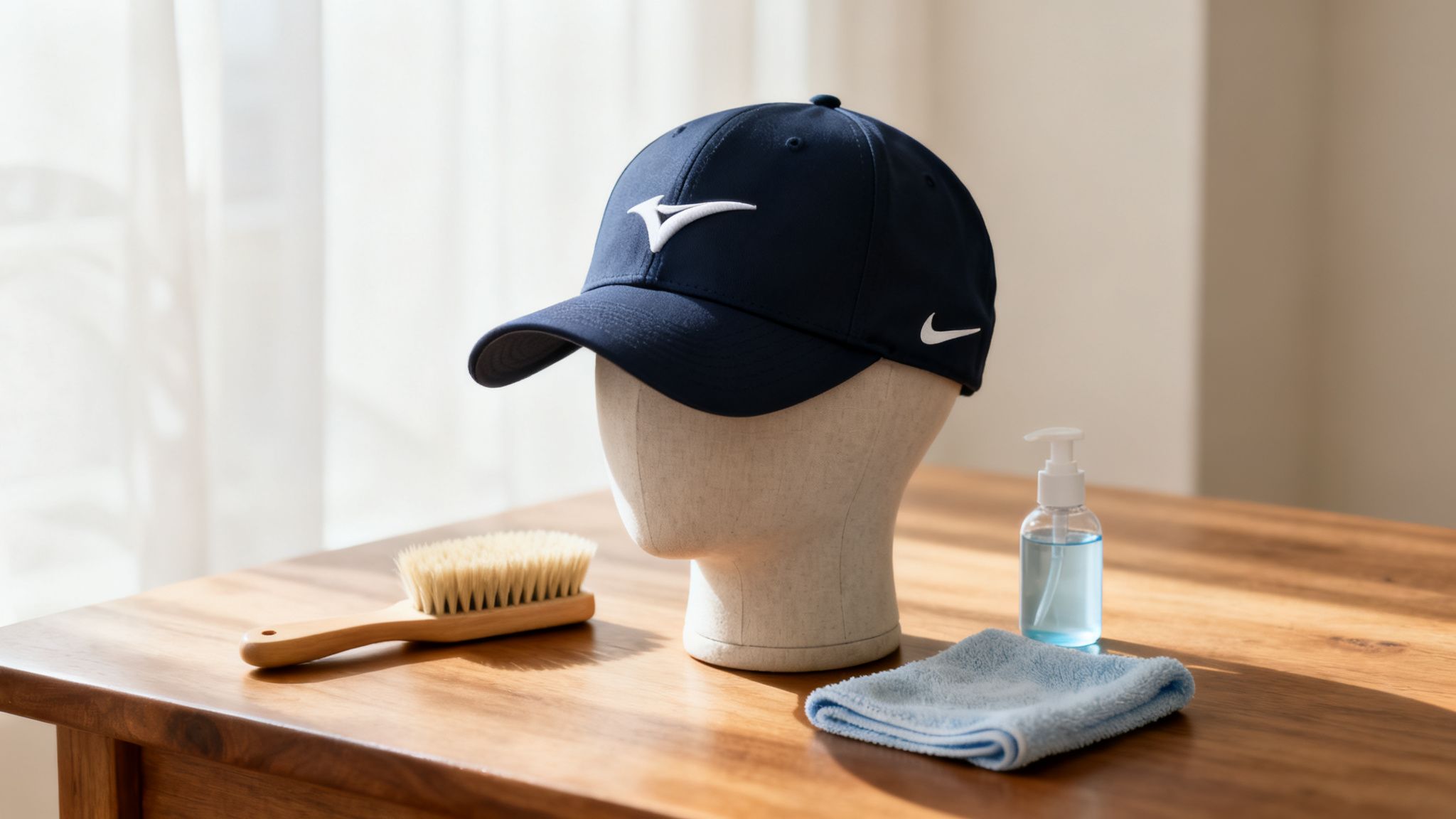 A navy blue Mizuno golf cap with a Nike swoosh on a mannequin head, surrounded by cleaning supplies.