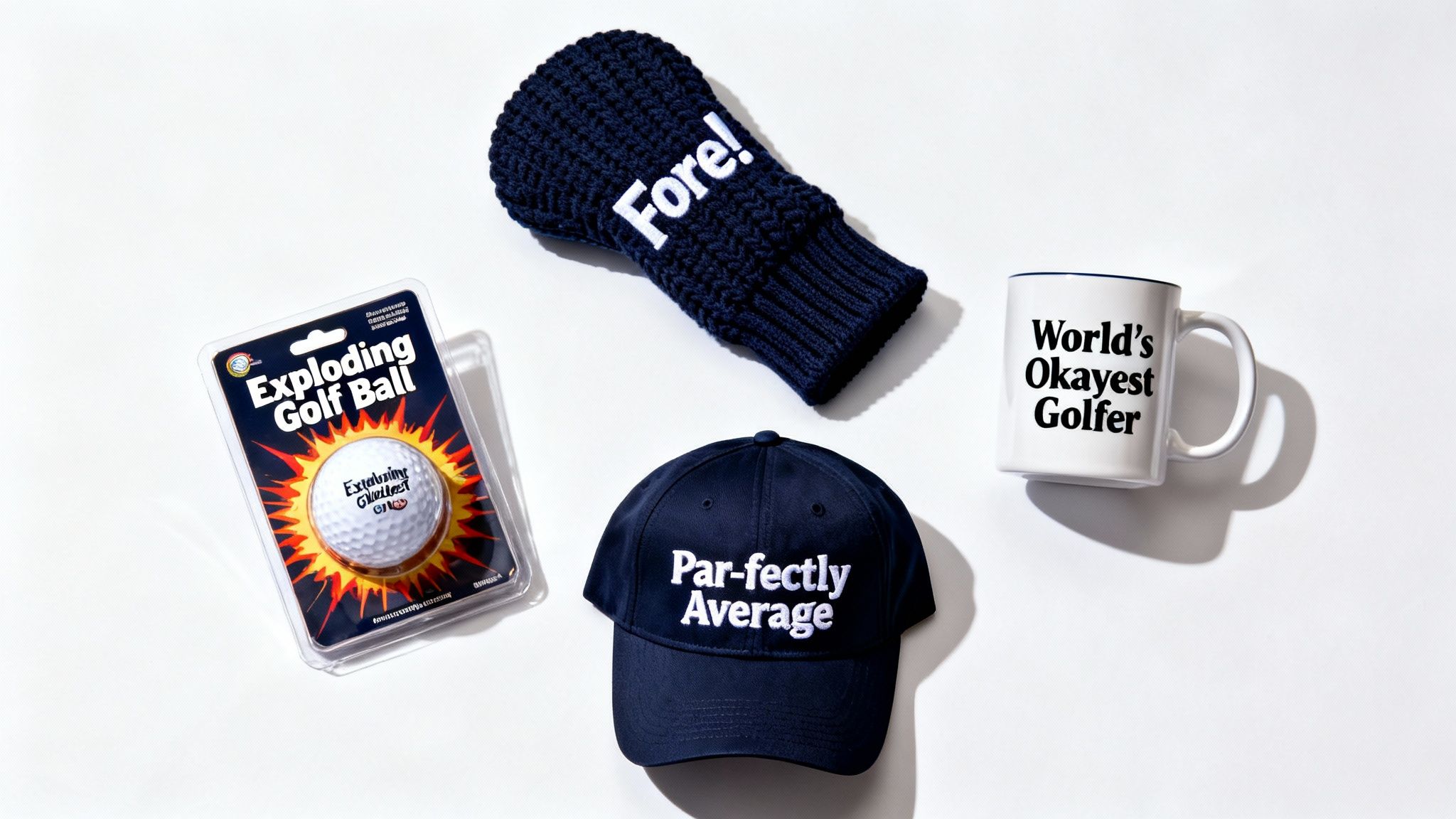 Funny golf gifts including an exploding ball, 'Fore!' club cover, 'Par-fectly Average' hat, and 'Okayest Golfer' mug.