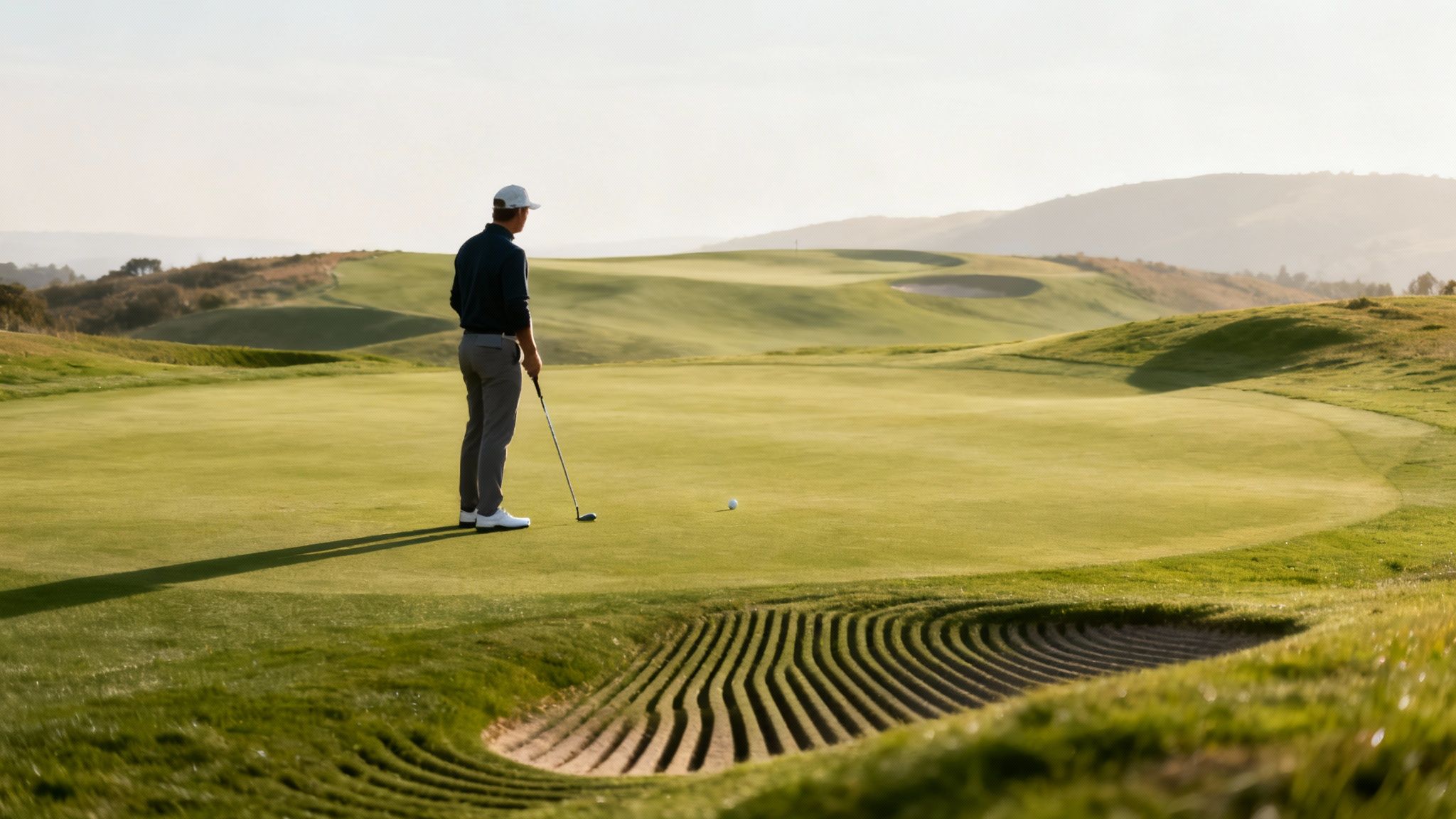 A golfer on a sunny green golf course preparing to putt, with a sand bunker nearby.