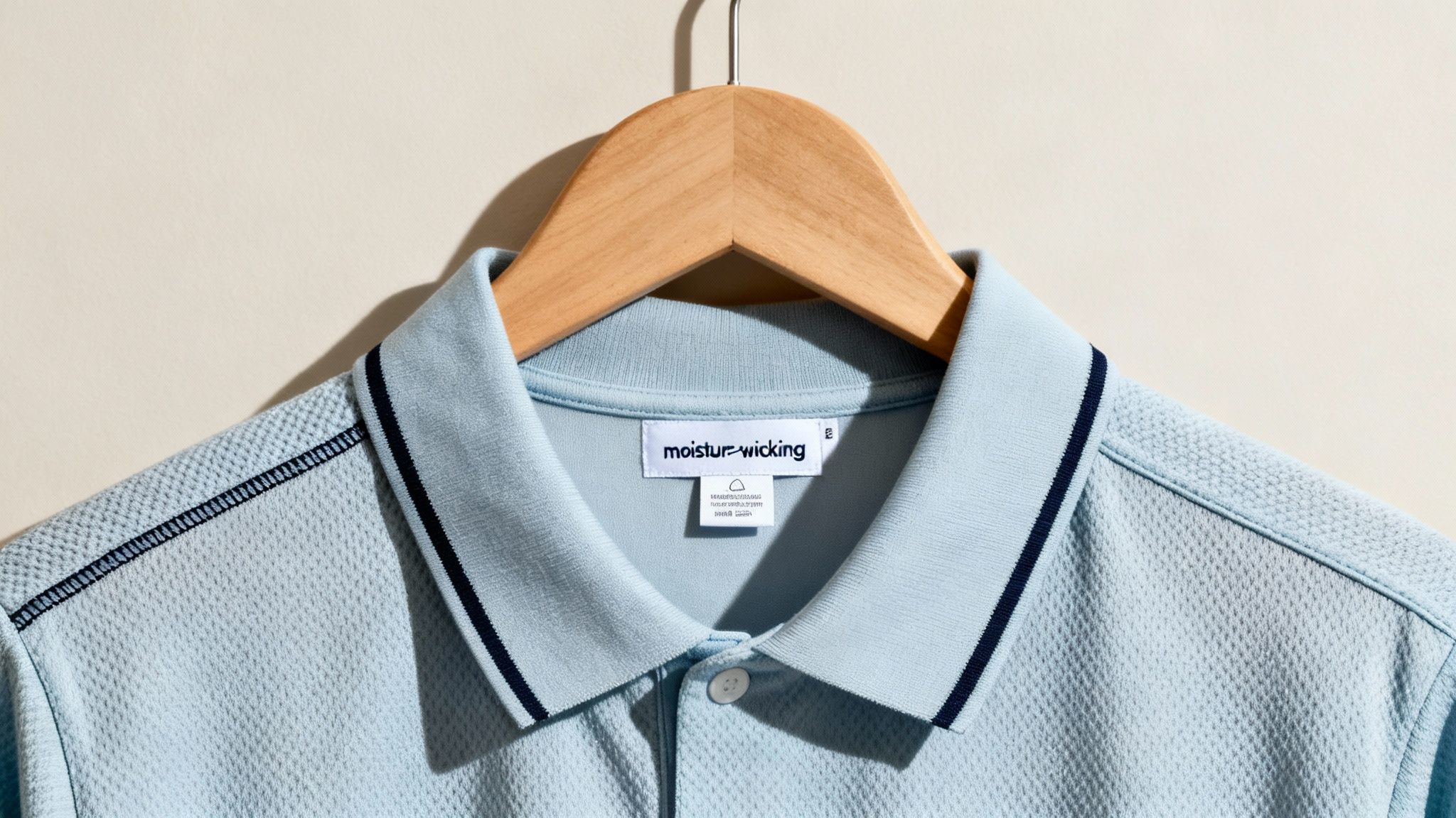 Close-up of a light blue moisture-wicking polo shirt with dark blue trim on a hanger.