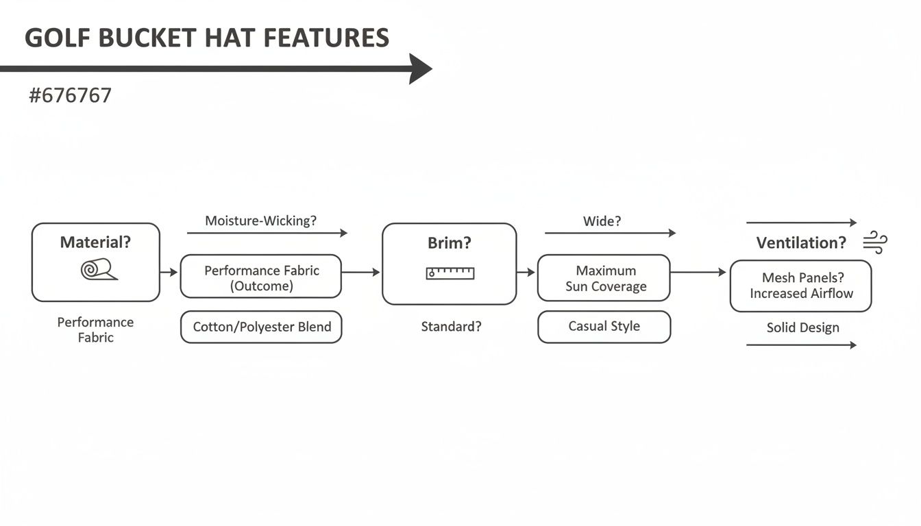 Flowchart illustrating golf bucket hat features, detailing material, brim style, and ventilation options.