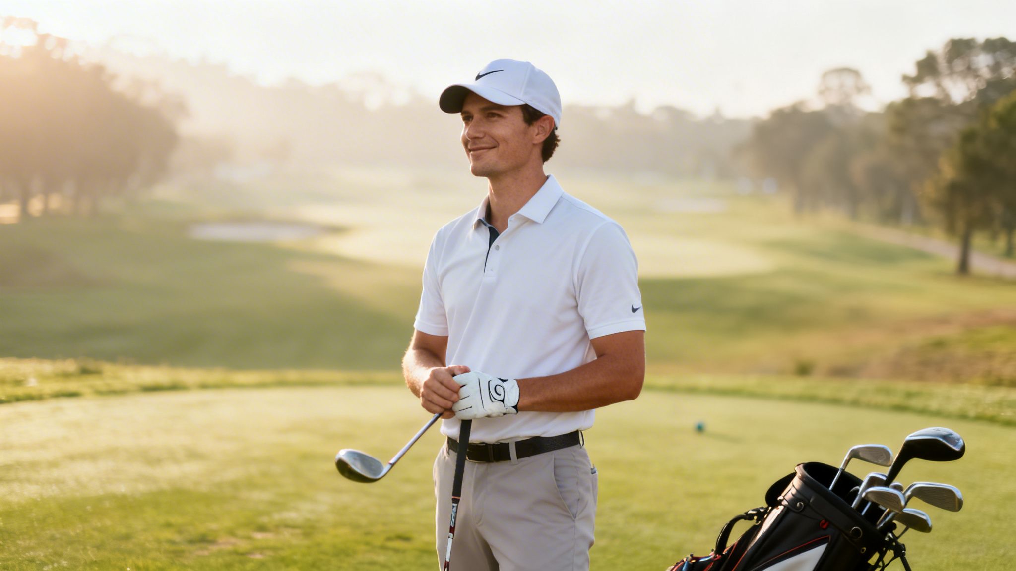 A smiling male golfer in a white Nike cap and polo, holding a golf club on a sunny course.