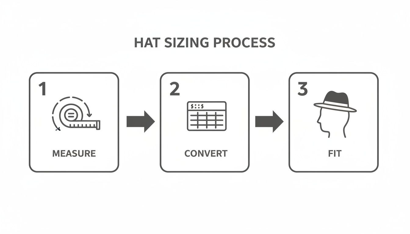 Diagram showing a three-step hat sizing process: measure, convert, and fit for proper hat selection.