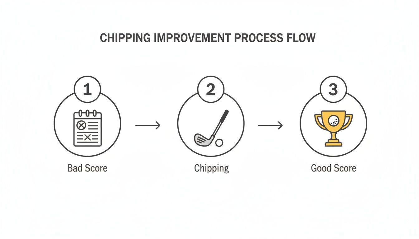 Three-step process flow illustrating golf chipping improvement: bad score, chipping, then good score.