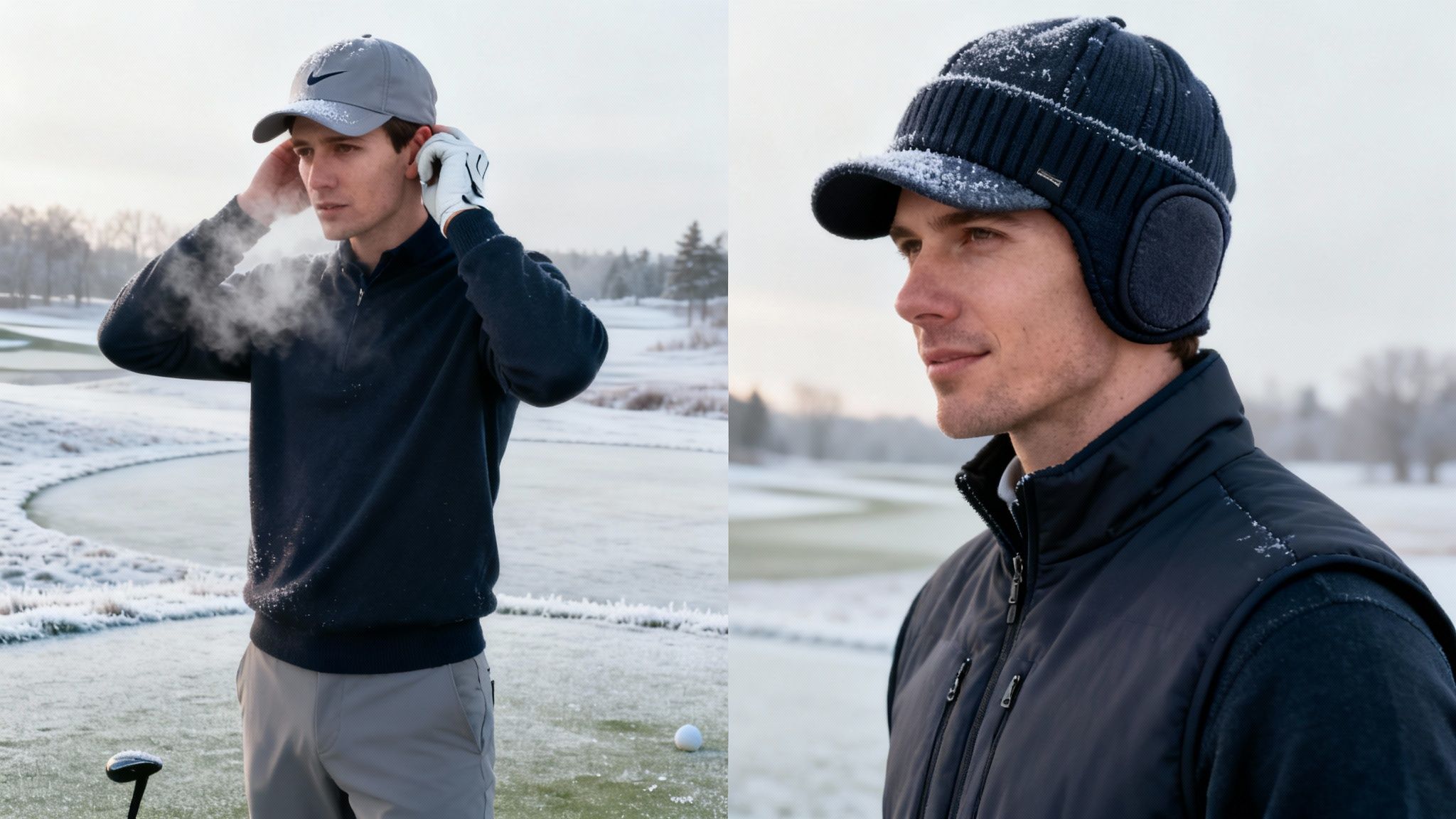Two views of a man dressed for winter golf, showcasing warm hats and clothing on a snowy course.