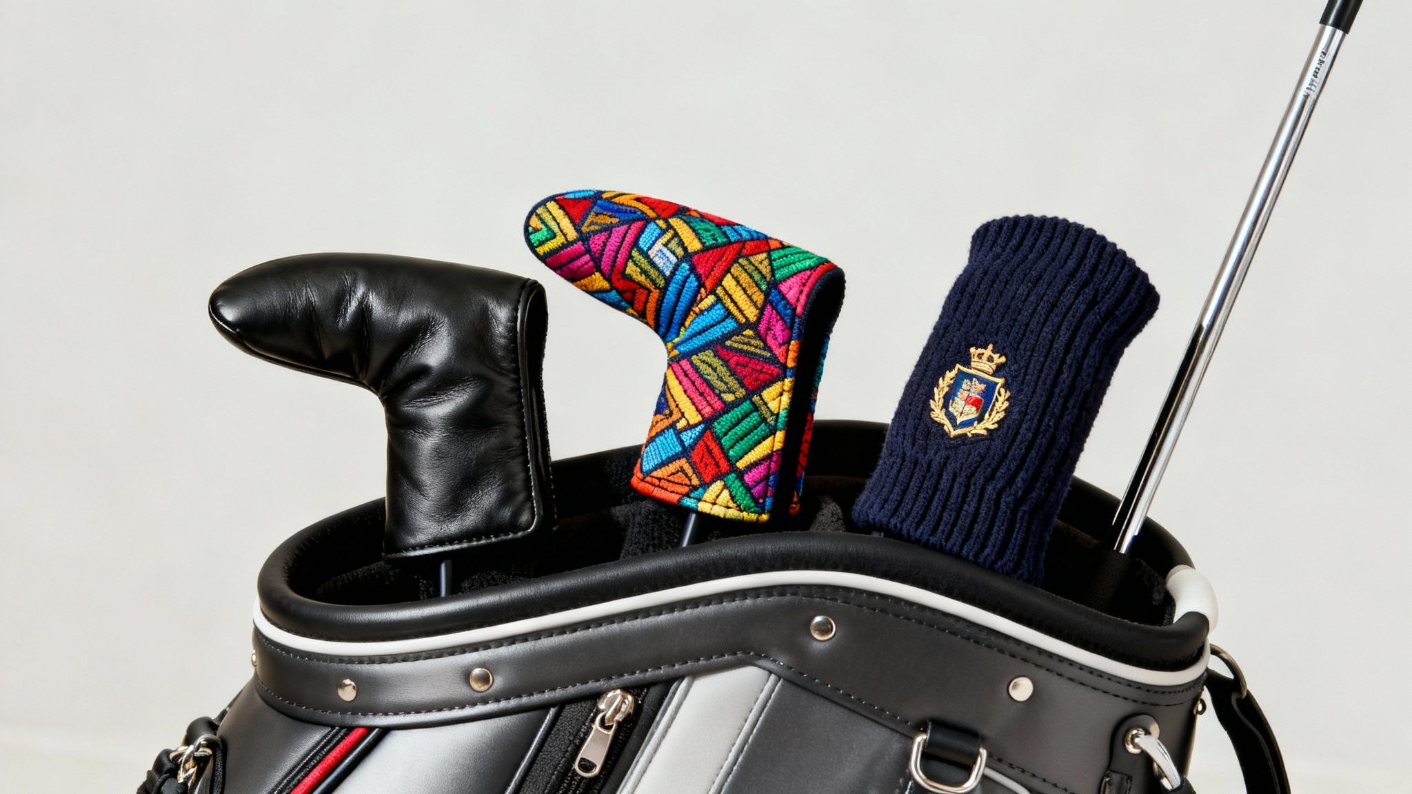 Three colorful golf putter head covers displayed in black leather golf bag with club shaft