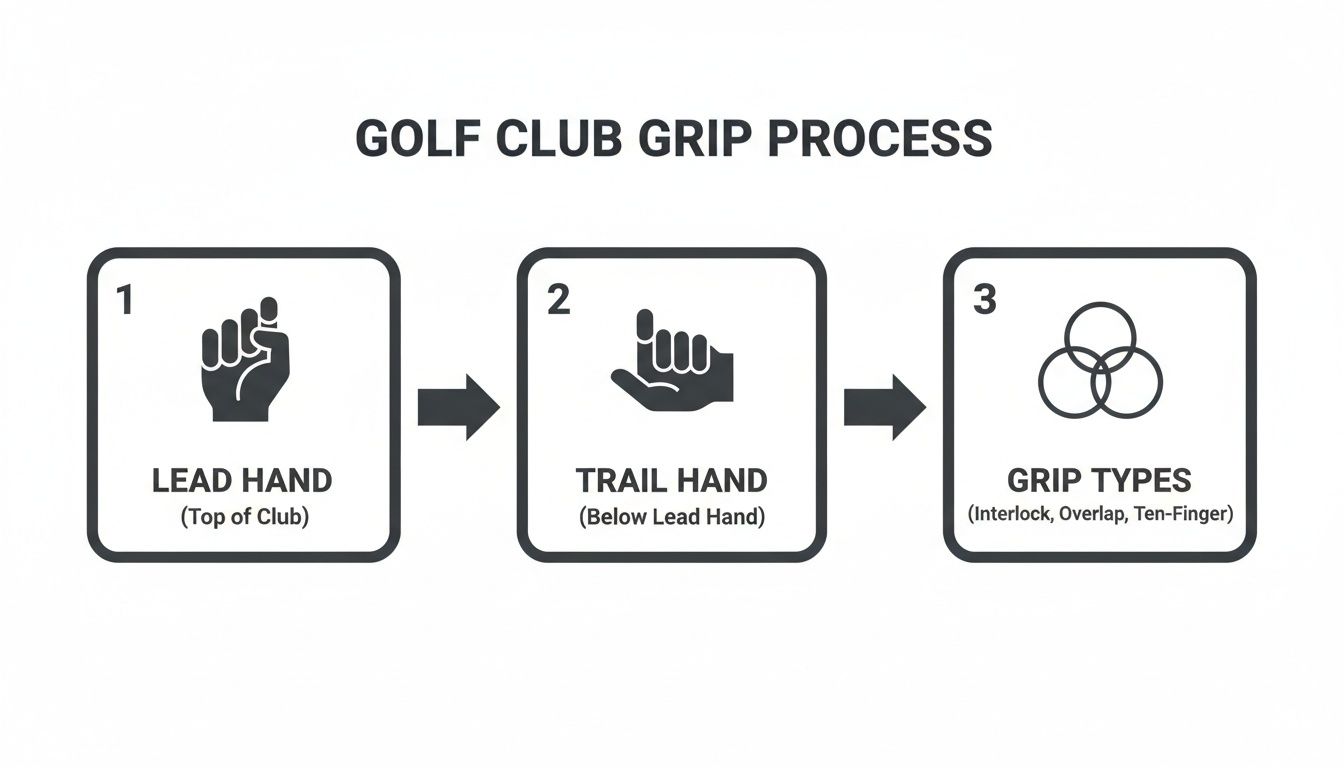 An infographic illustrating the three-step golf club grip process, covering lead hand, trail hand, and grip types.