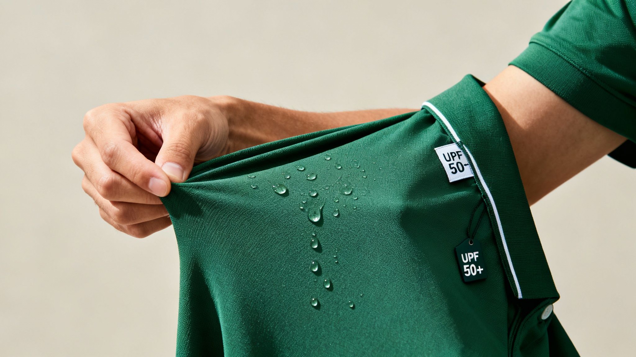A hand stretches a dark green golf shirt, revealing water-resistant fabric with UPF 50+ sun protection tags.