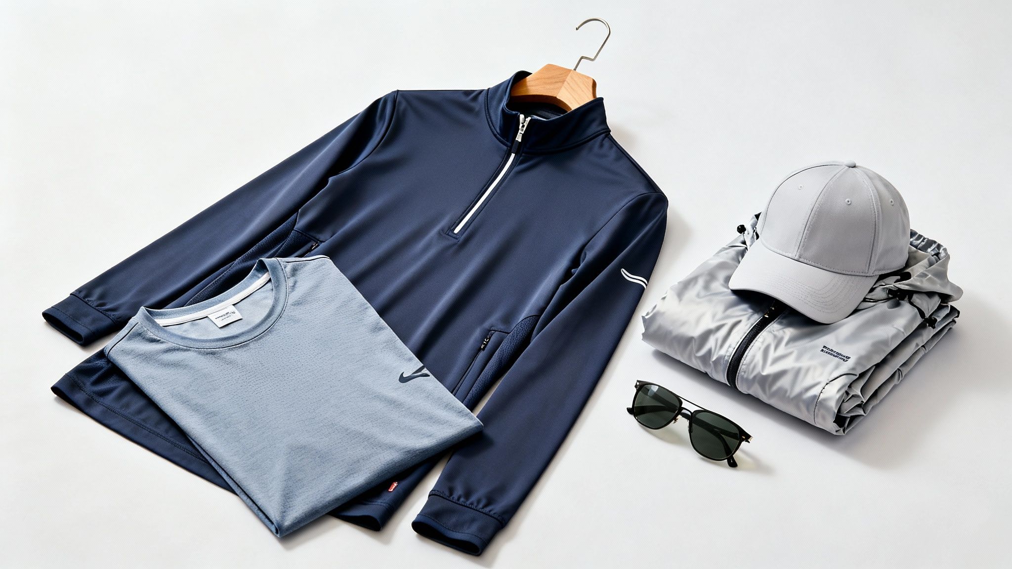 A complete men's golf outfit, including pullover, t-shirt, jacket, cap, and sunglasses.