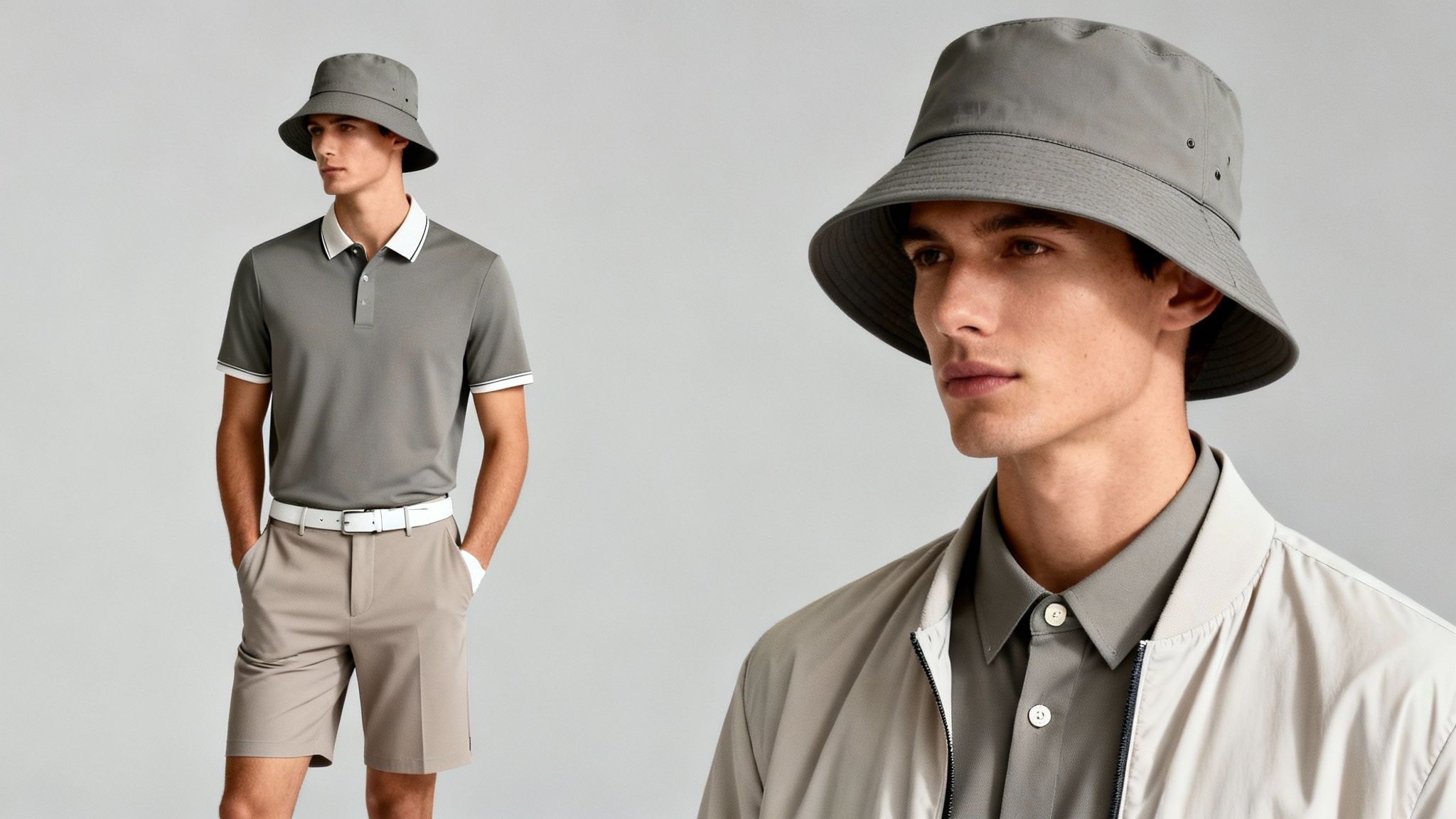 Two views of a man in a grey bucket hat, polo shirt, and beige shorts, showcasing casual golf attire.