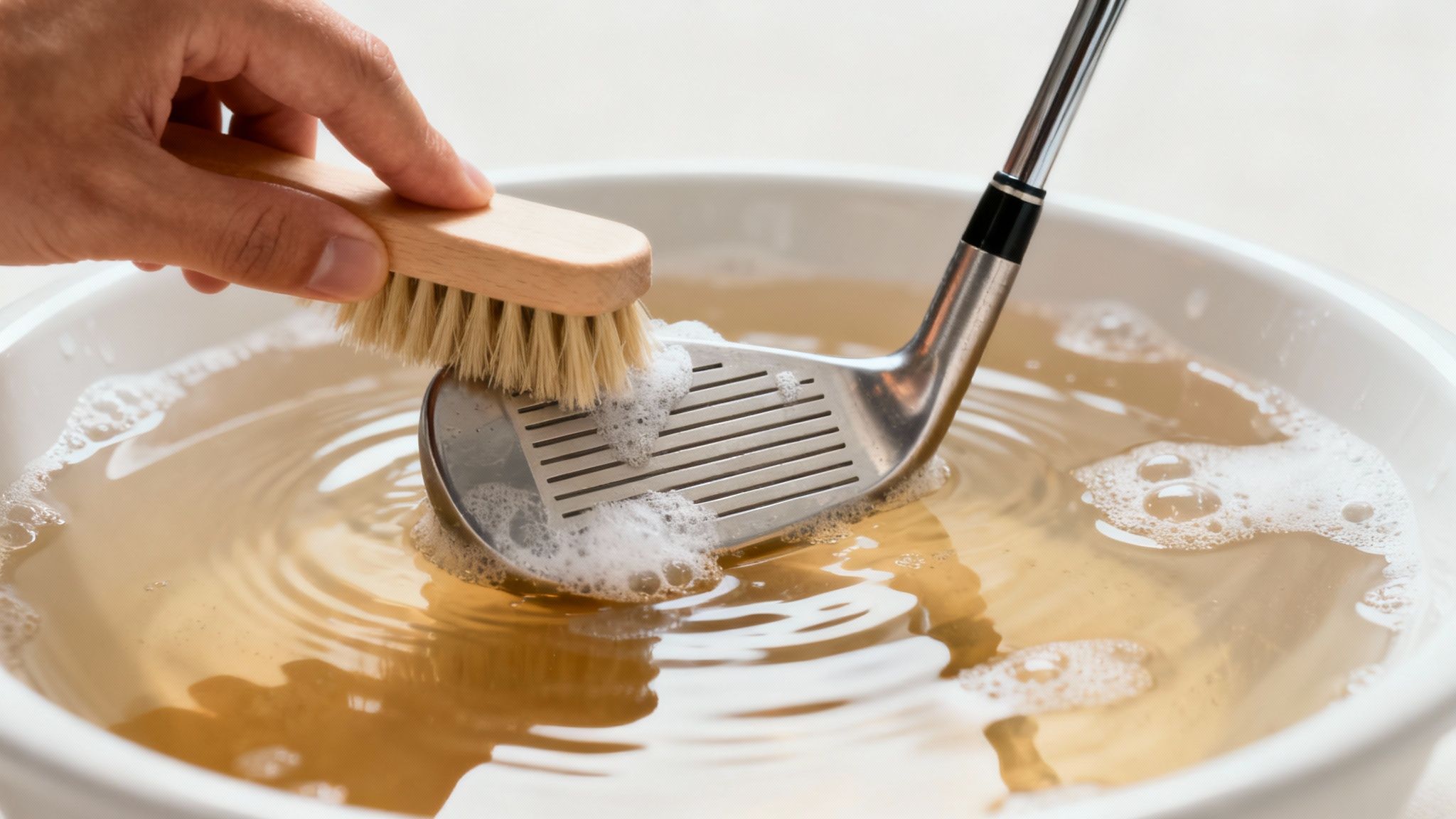 An iron clubhead being gently cleaned with a brush in a bucket of soapy water