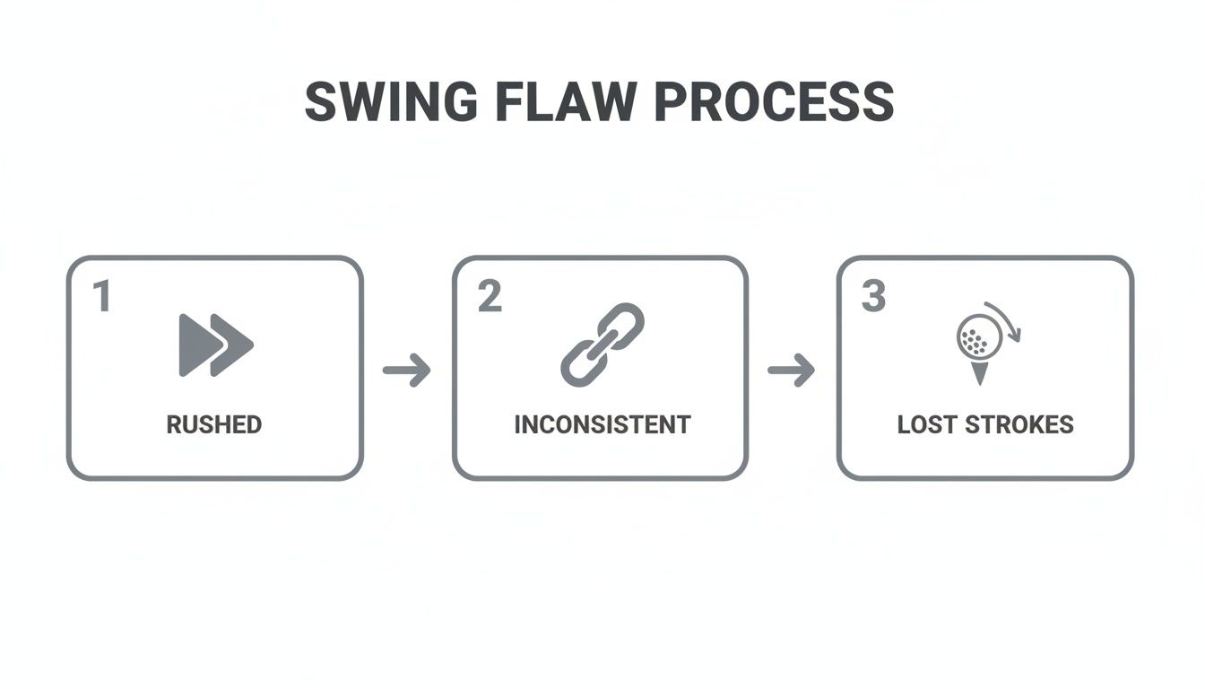 A diagram illustrating the golf swing flaw process: rushed leads to inconsistent, resulting in lost strokes.
