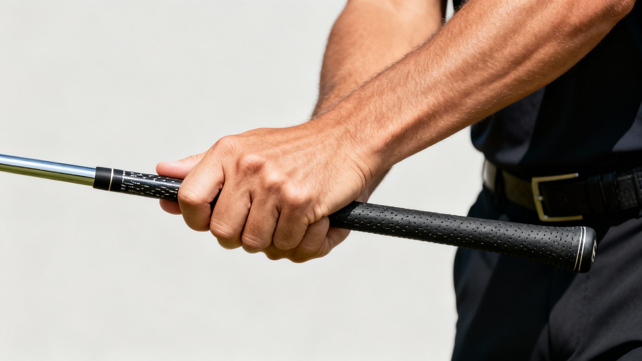 A golfer's hands firmly hold the textured grip of a golf club on a sunny day.
