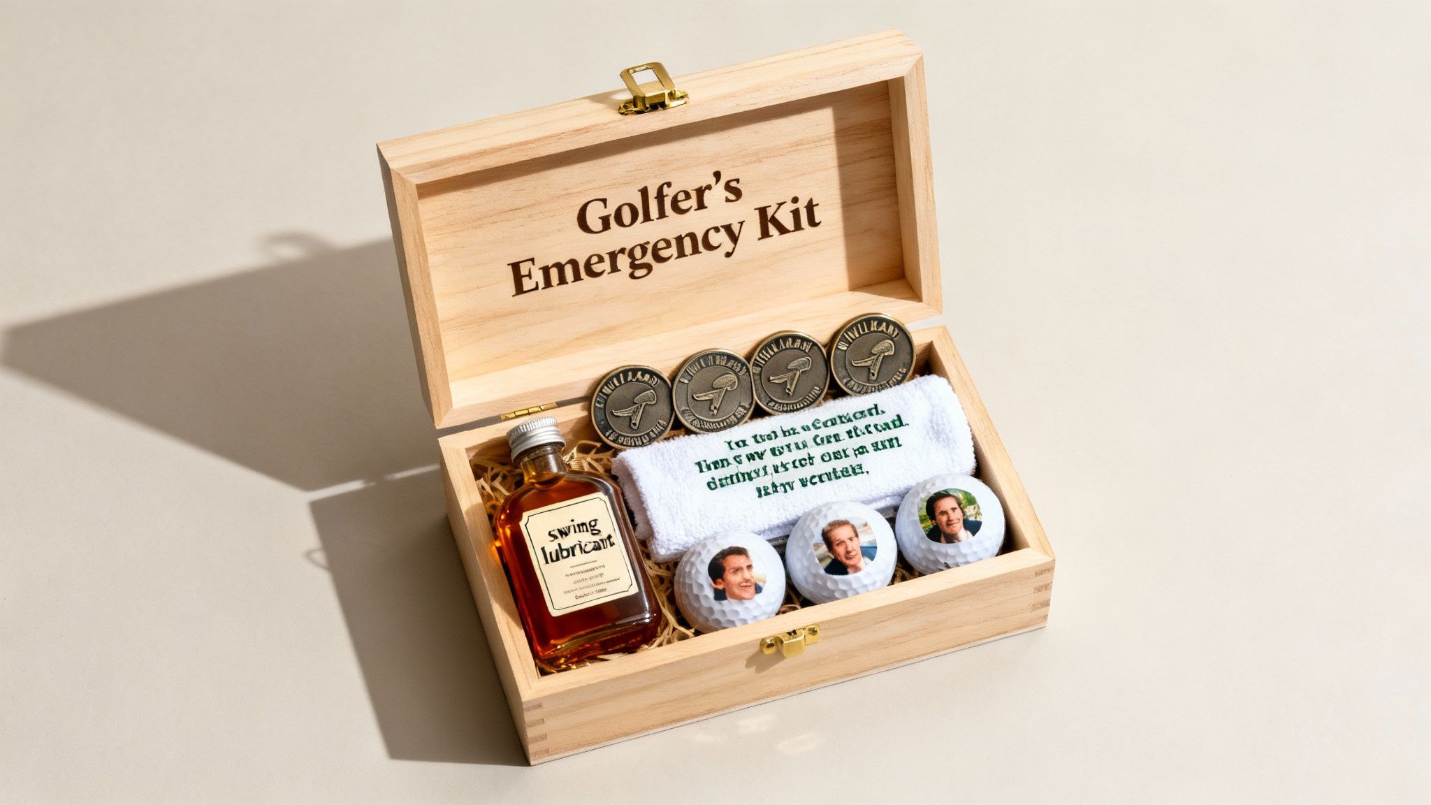 An open wooden box labeled 'Golfer's Emergency Kit' filled with custom golf balls, markers, a towel, and 'swing lubricant'.