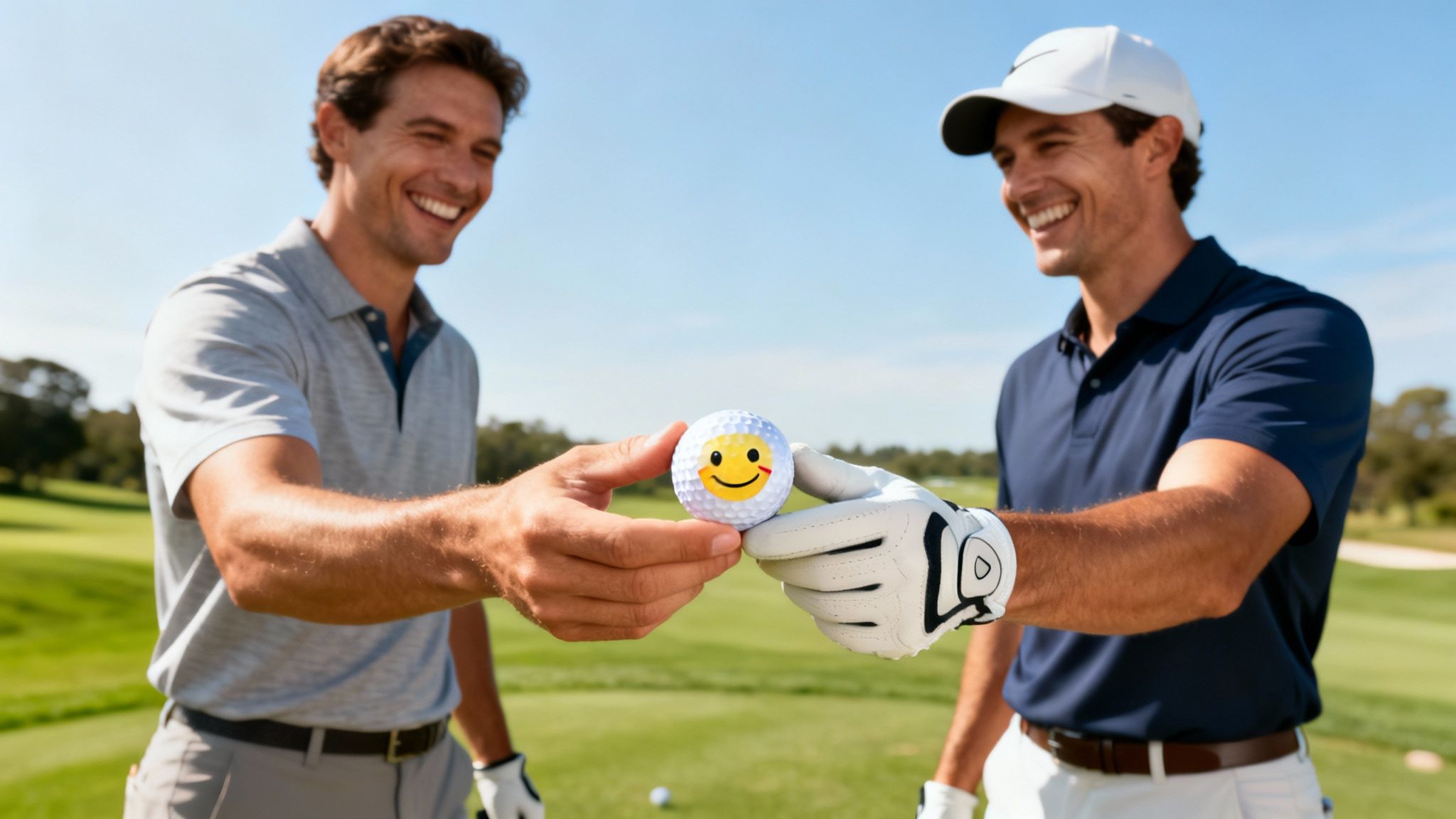 Two smiling golfers on a sunny course holding a novelty golf ball with a smiley face.