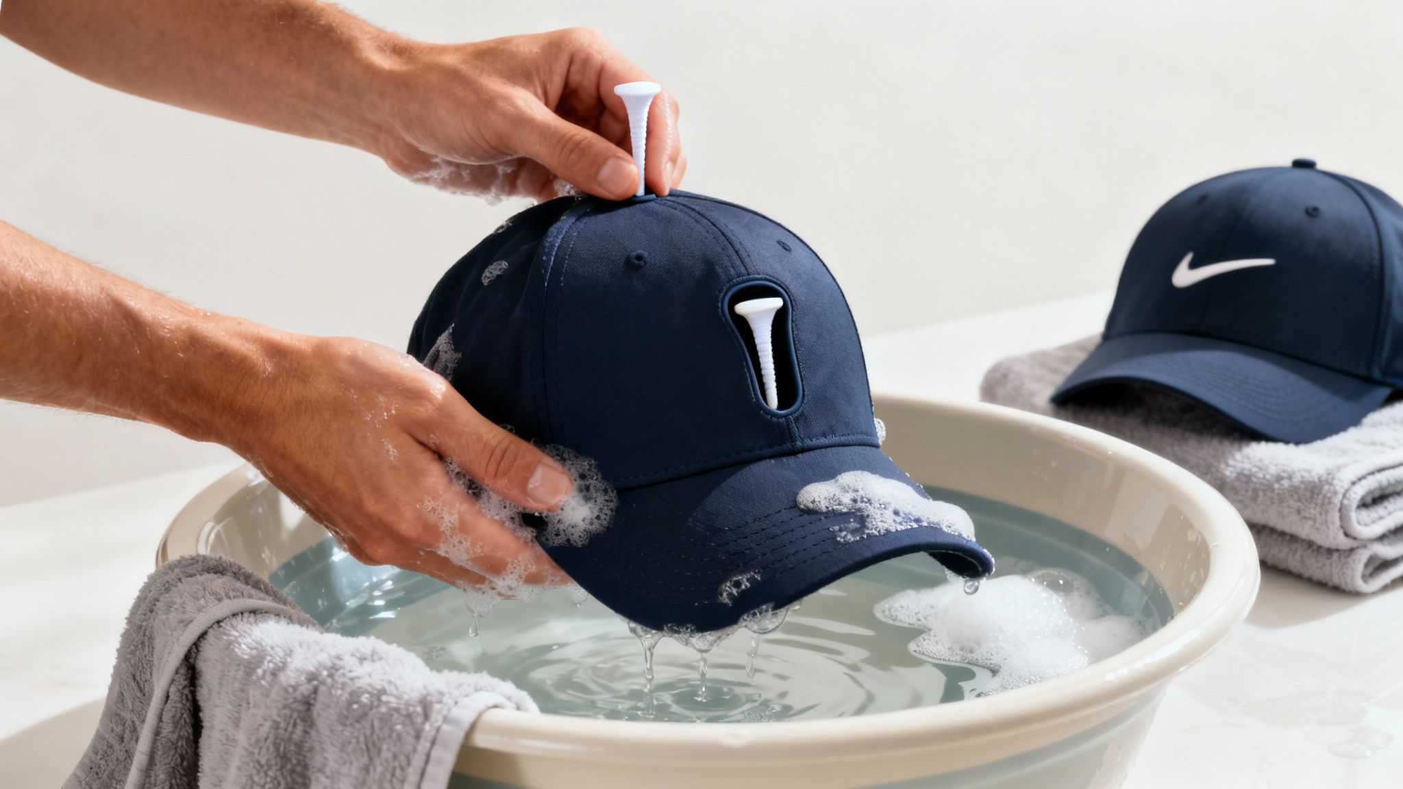 Person hand washing navy Nike golf hat with bottle opener in soapy water basin