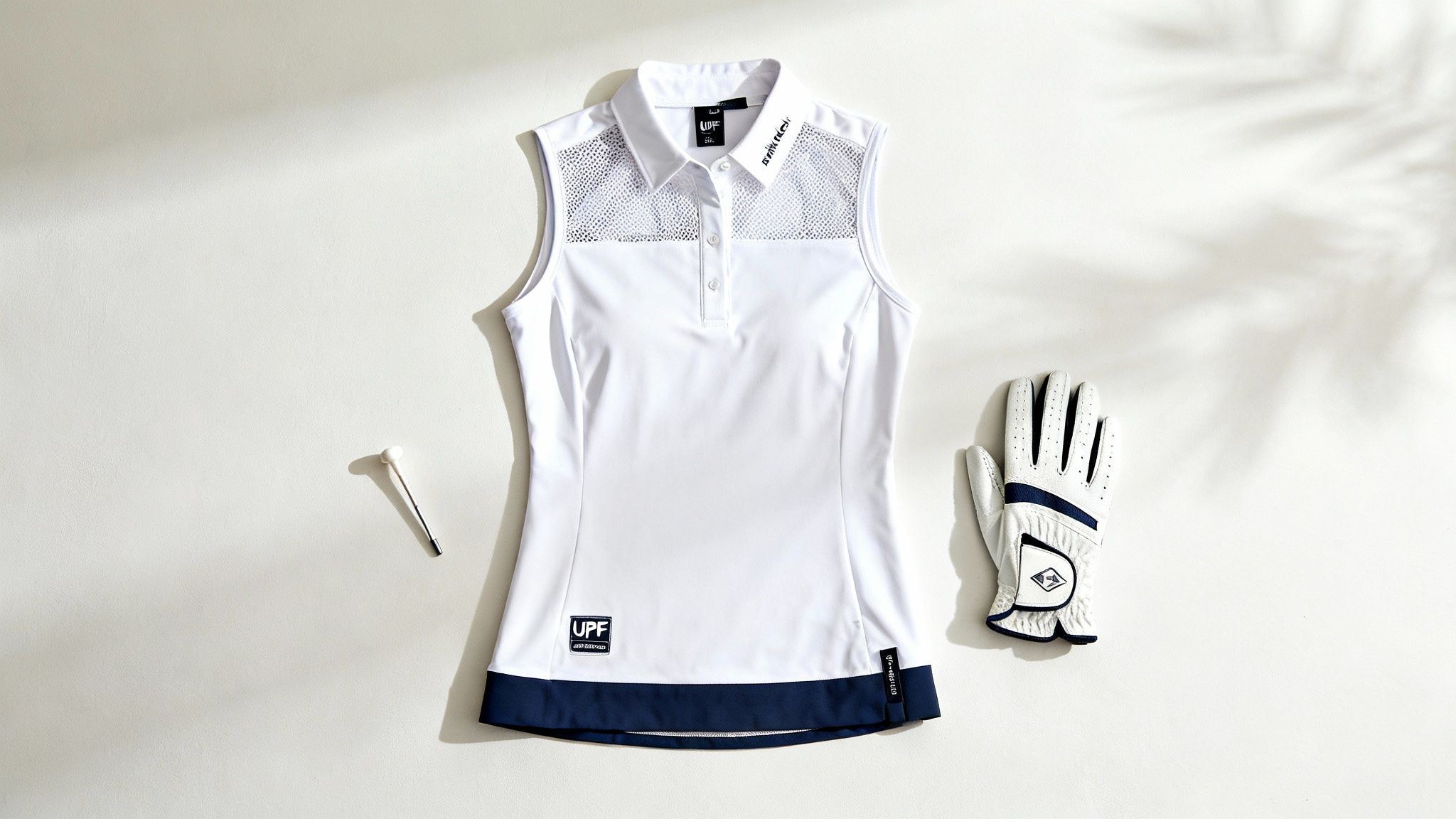 A close-up shot of the fabric and collar of a high-quality women's sleeveless golf top, highlighting its texture and design details.