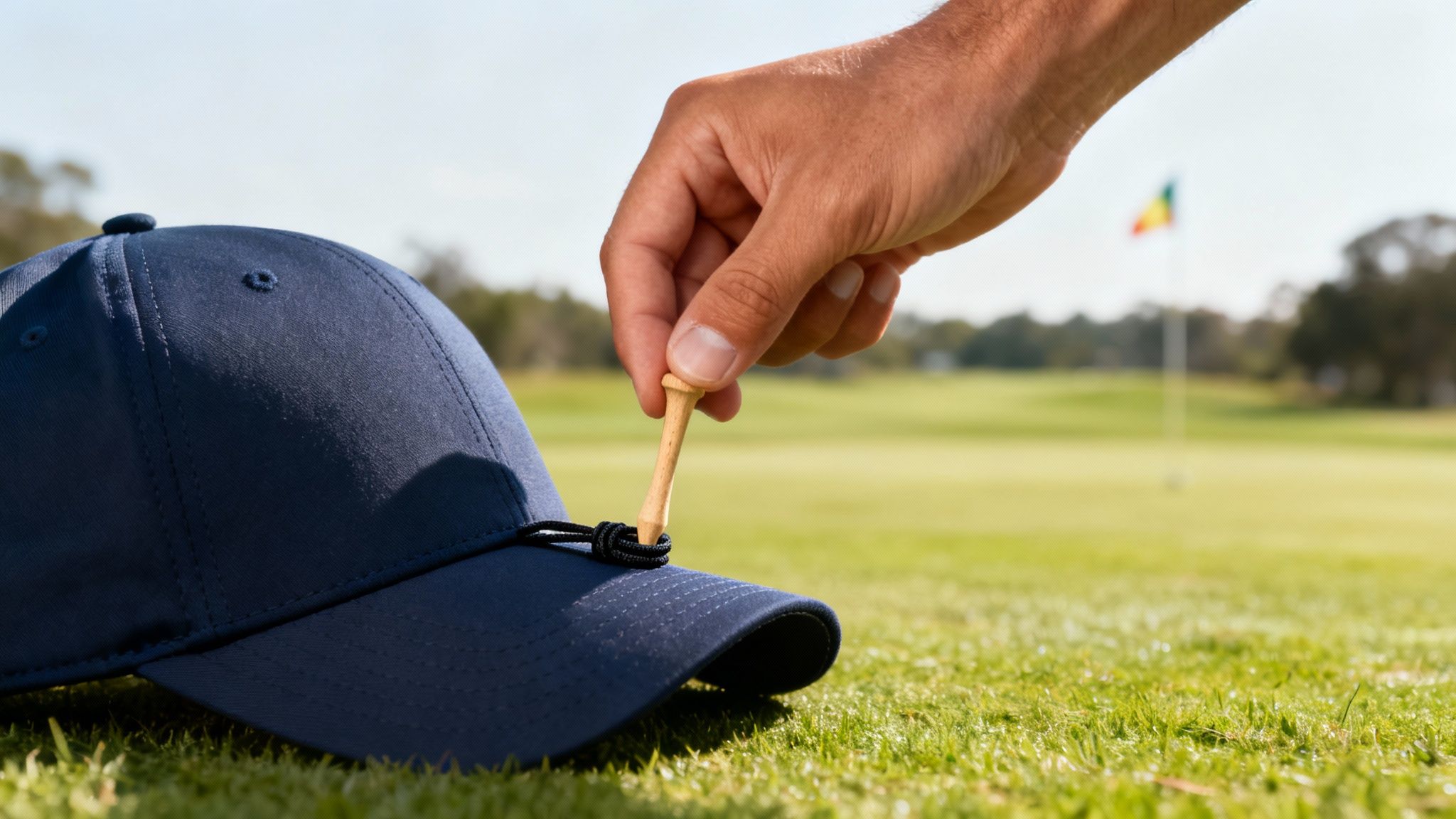 Hand placing wooden golf tee into holder on navy blue golf cap on green grass