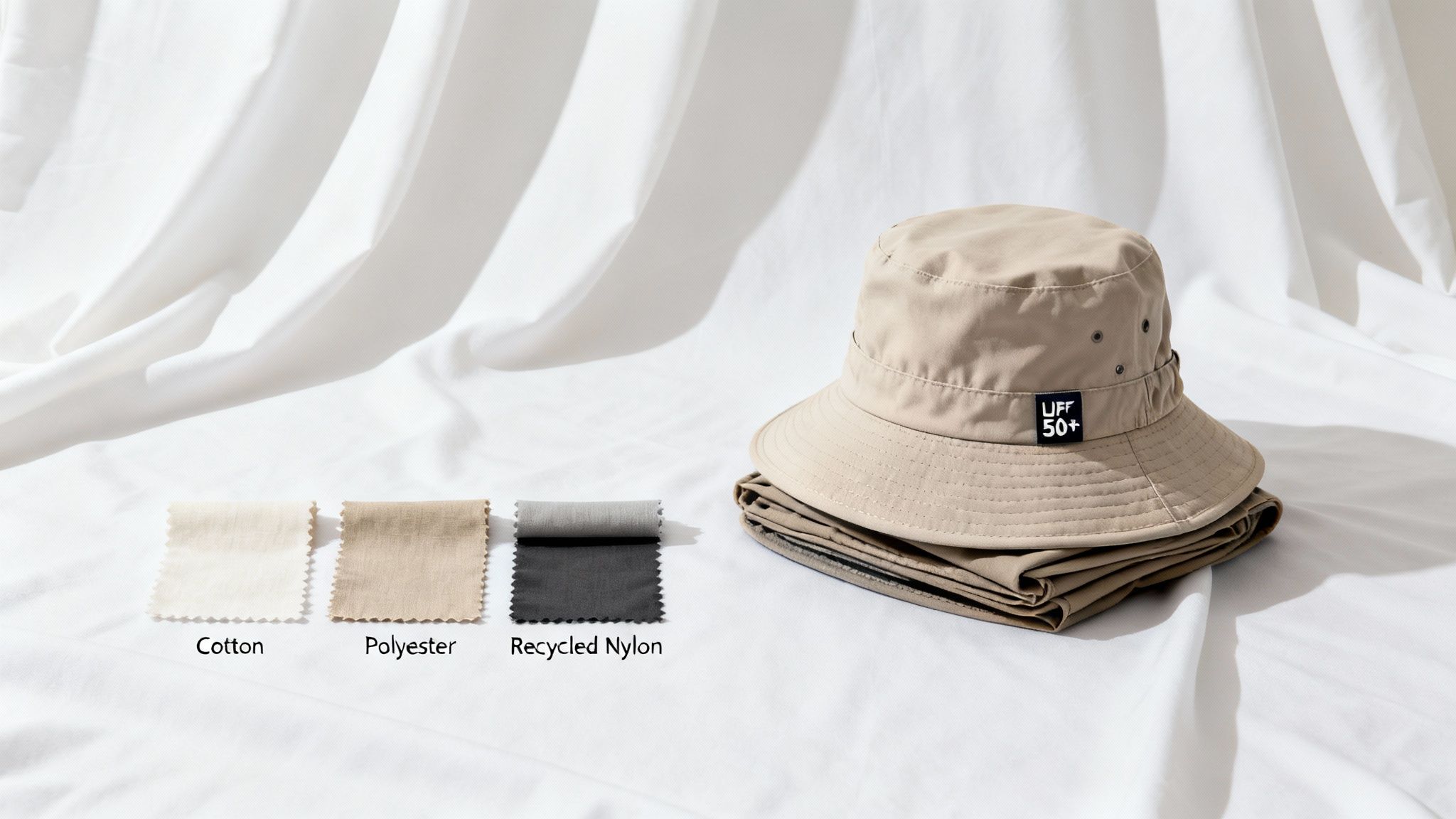 A beige UPF 50+ bucket hat sits beside fabric swatches for cotton, polyester, and recycled nylon.