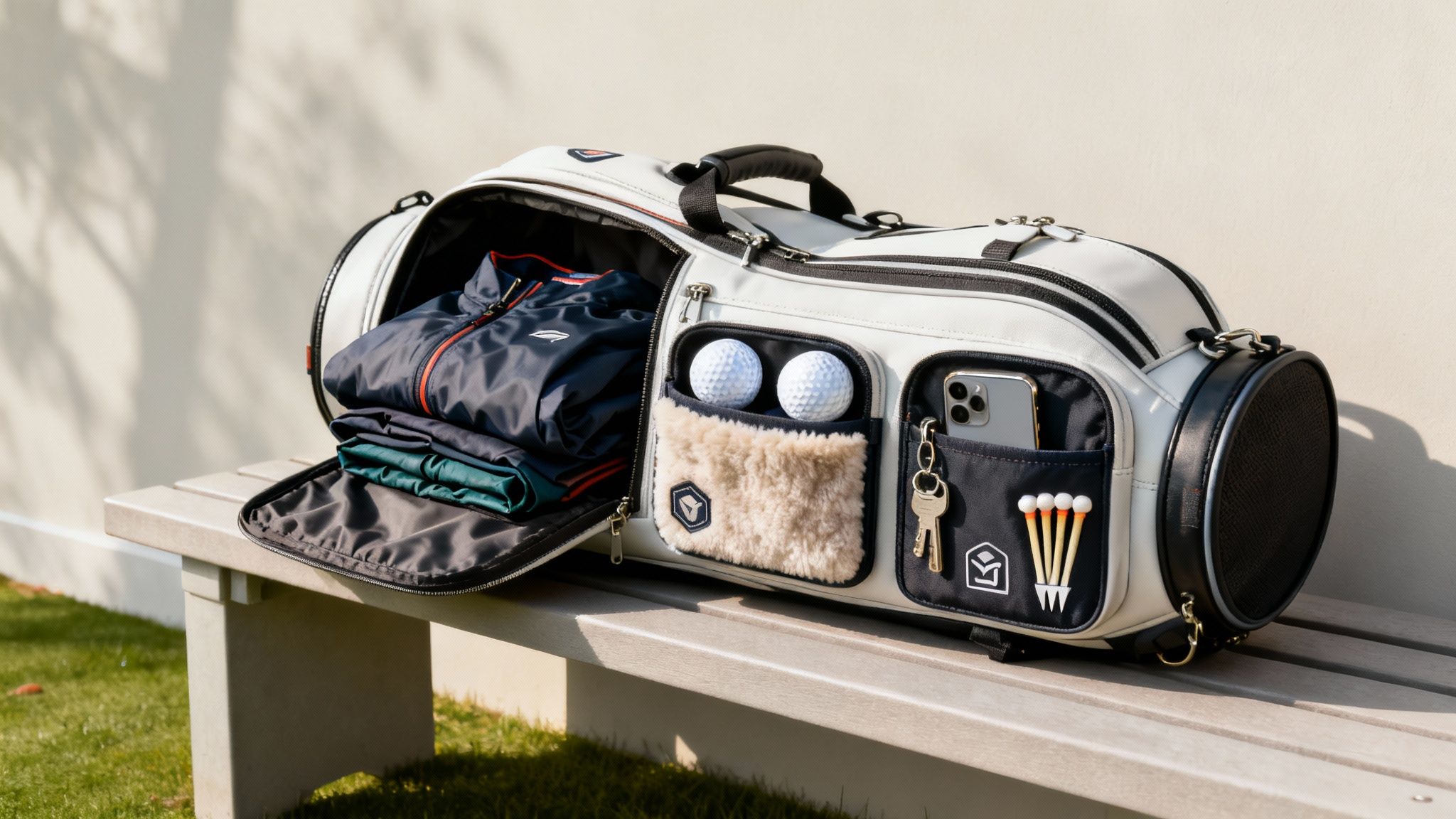 A white and navy golf duffel bag sits on a bench, showcasing organized golf essentials.