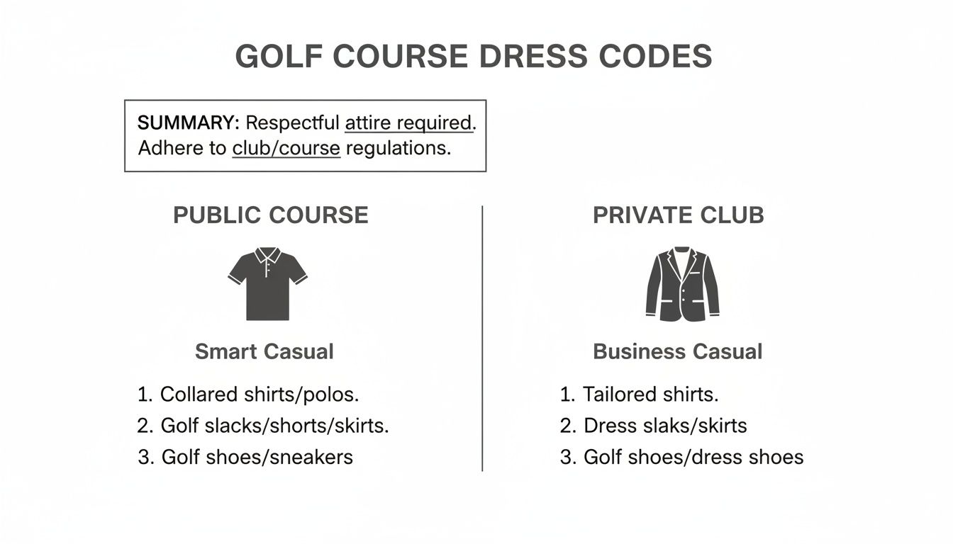 A detailed guide outlining golf course dress codes for both public (smart casual) and private (business casual) clubs.