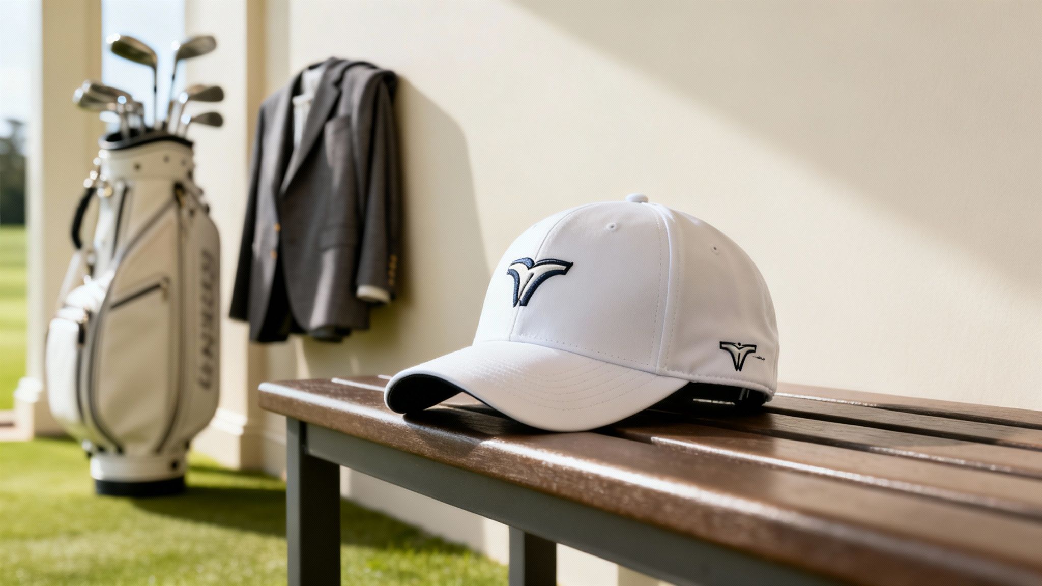 A crisp white golf cap with a prominent logo sits on a wooden bench at a golf course.