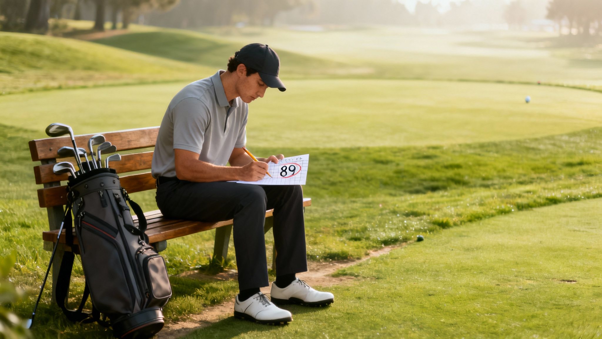 Male golfer sits on a bench on a golf course, marking an 89 on his scorecard after a round.