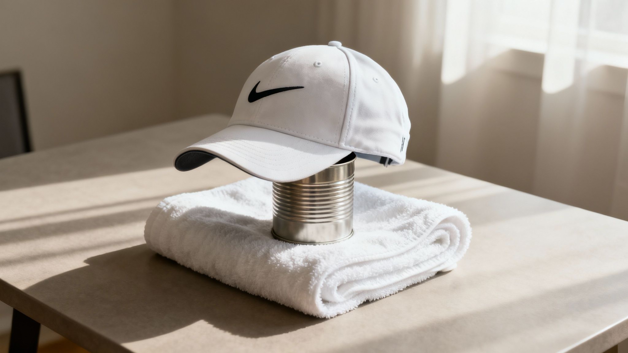 A clean golf hat drying on top of a coffee can to maintain its shape.