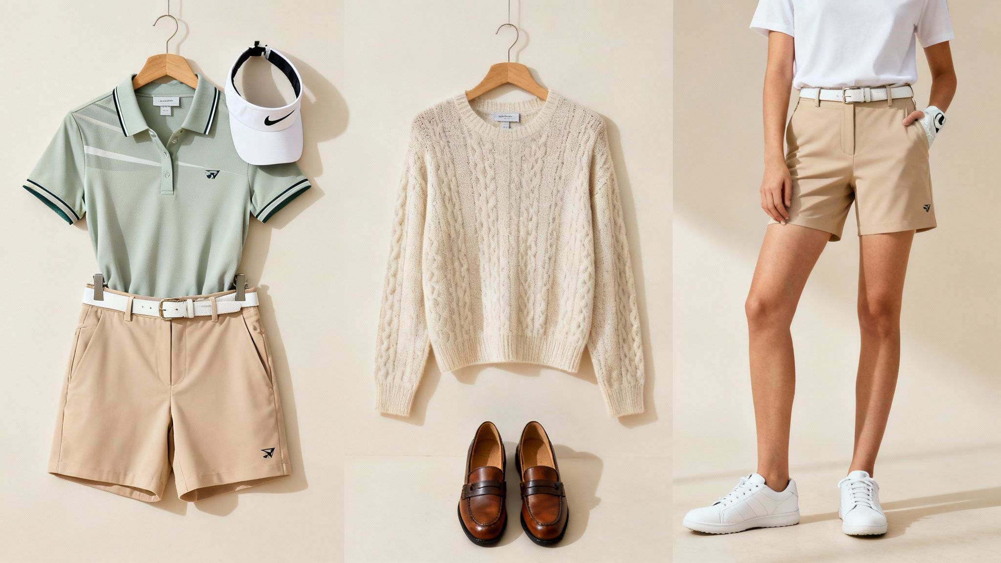 A collection of women's golf apparel and accessories, including a polo shirt, shorts, sweater, visor, loafers, and sneakers.