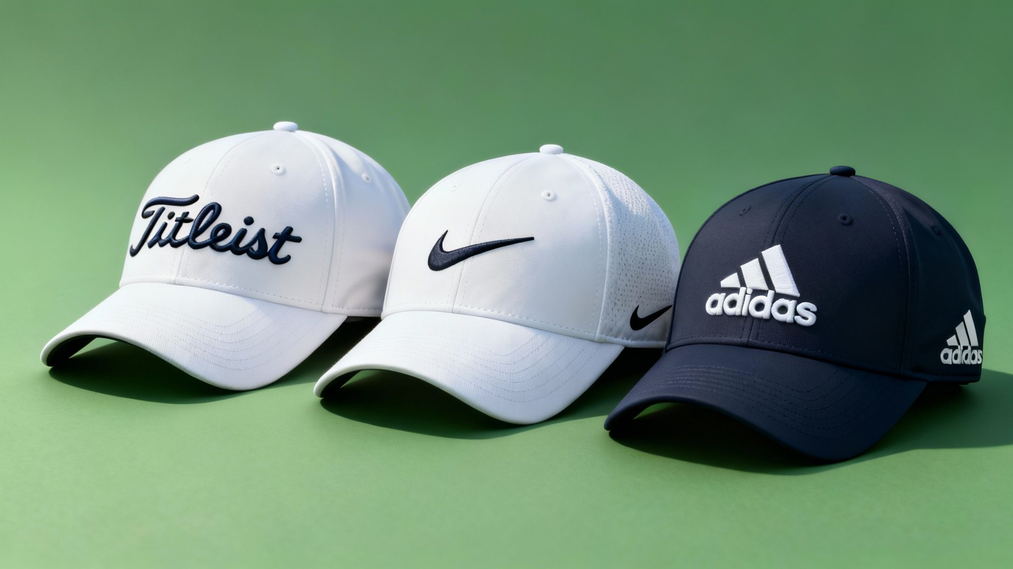 A golfer wearing a white golf hat, standing on a green course with a focused expression.