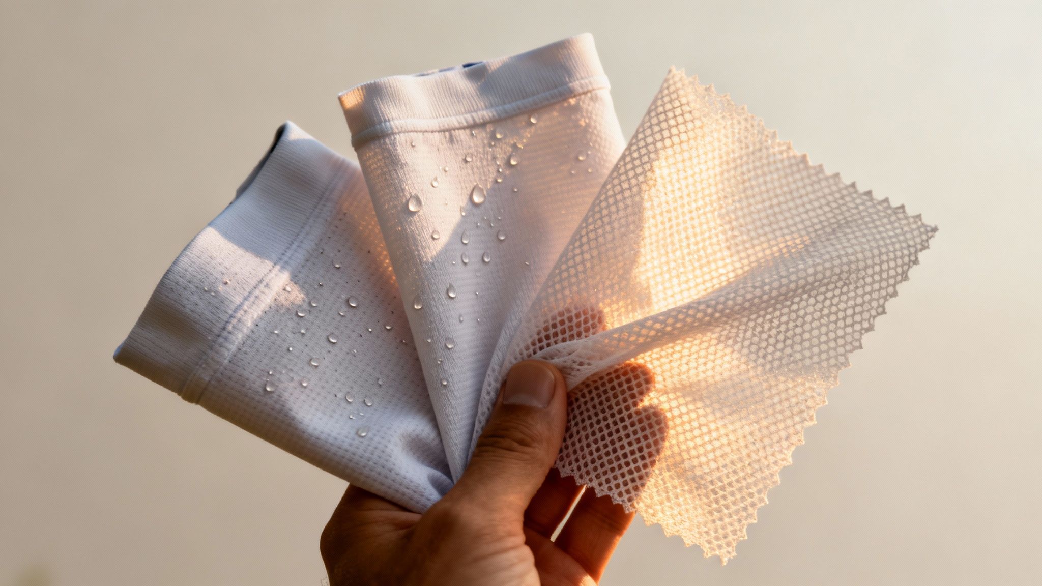 Hand holding water-resistant breathable fabric samples with moisture beading technology for performance golf apparel