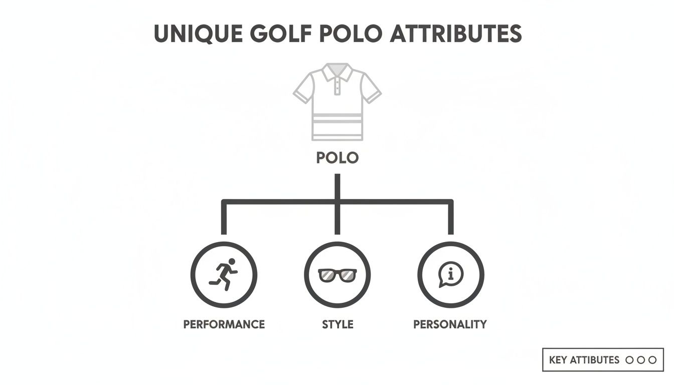 Diagram outlining unique golf polo attributes, focusing on performance, style, and personality.