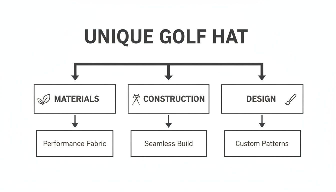 Flowchart detailing the unique golf hat features including materials, construction, and design aspects.