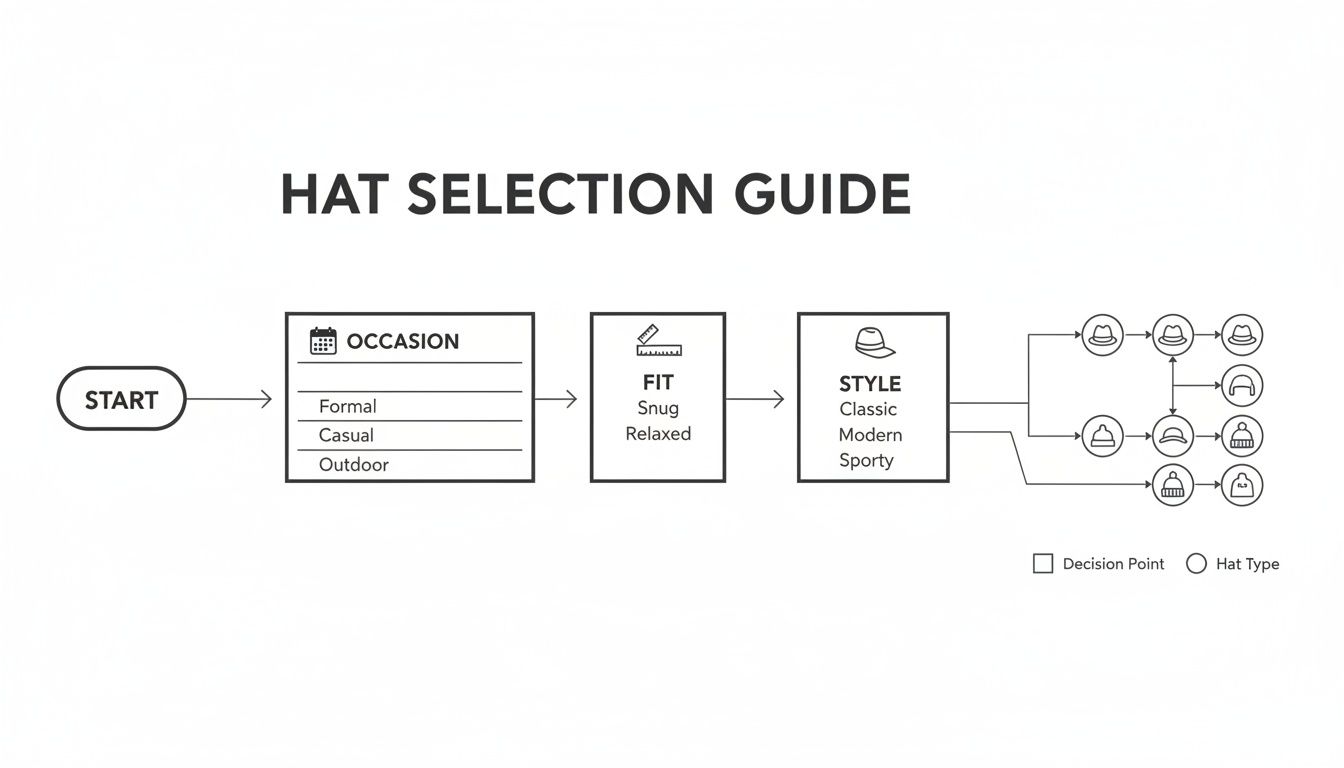 Flowchart guide for selecting hats based on occasion, fit, and style preferences.