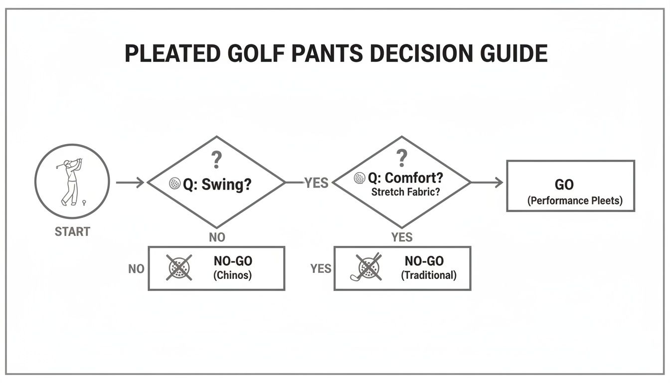 A flowchart titled 'Pleated Golf Pants Decision Guide' for selecting golf pants based on swing and comfort.