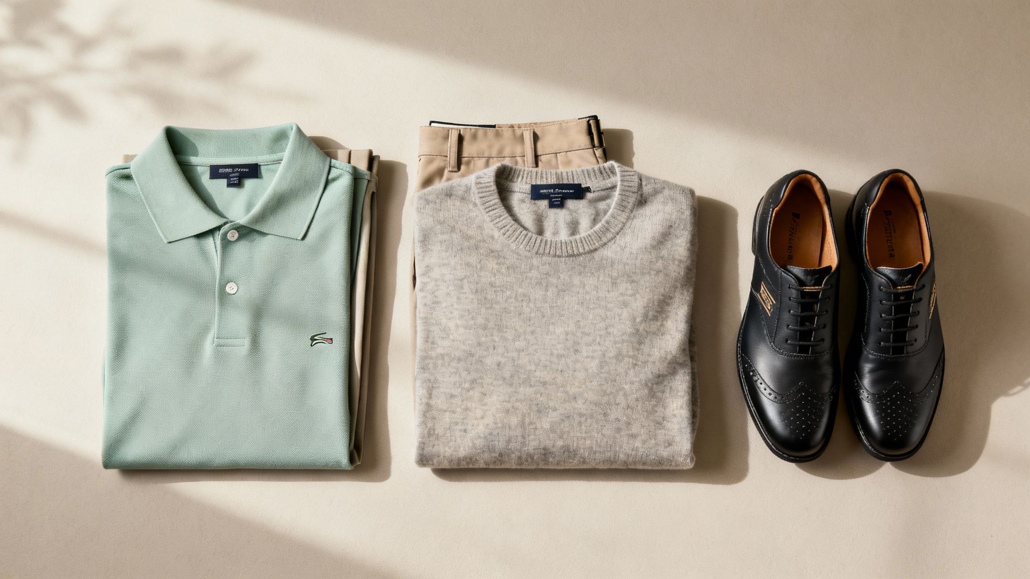 A person in classic golf attire teeing off with a scenic course in the background.