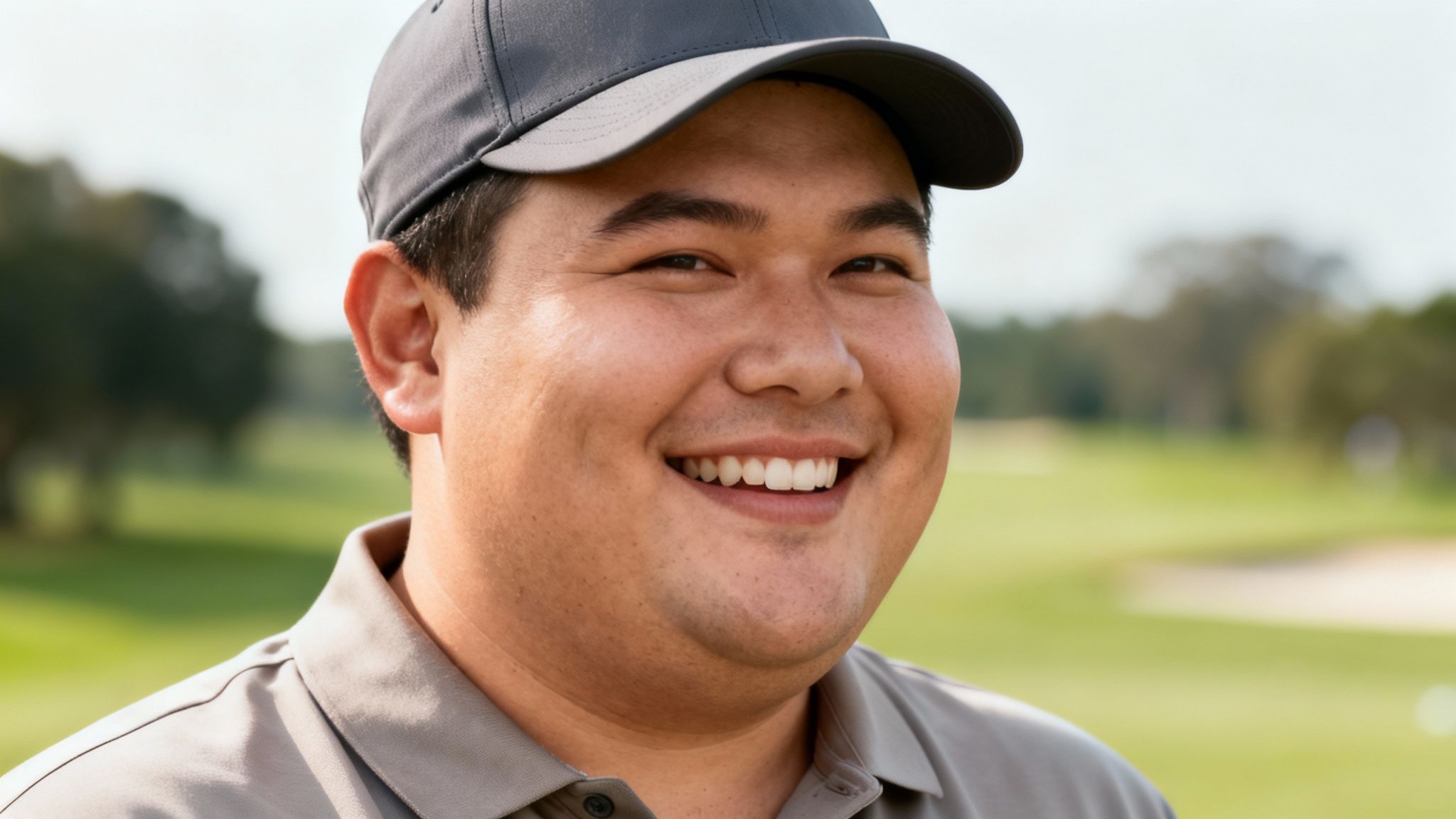 Close-up of a smiling man in a grey cap and polo shirt on a golf course.