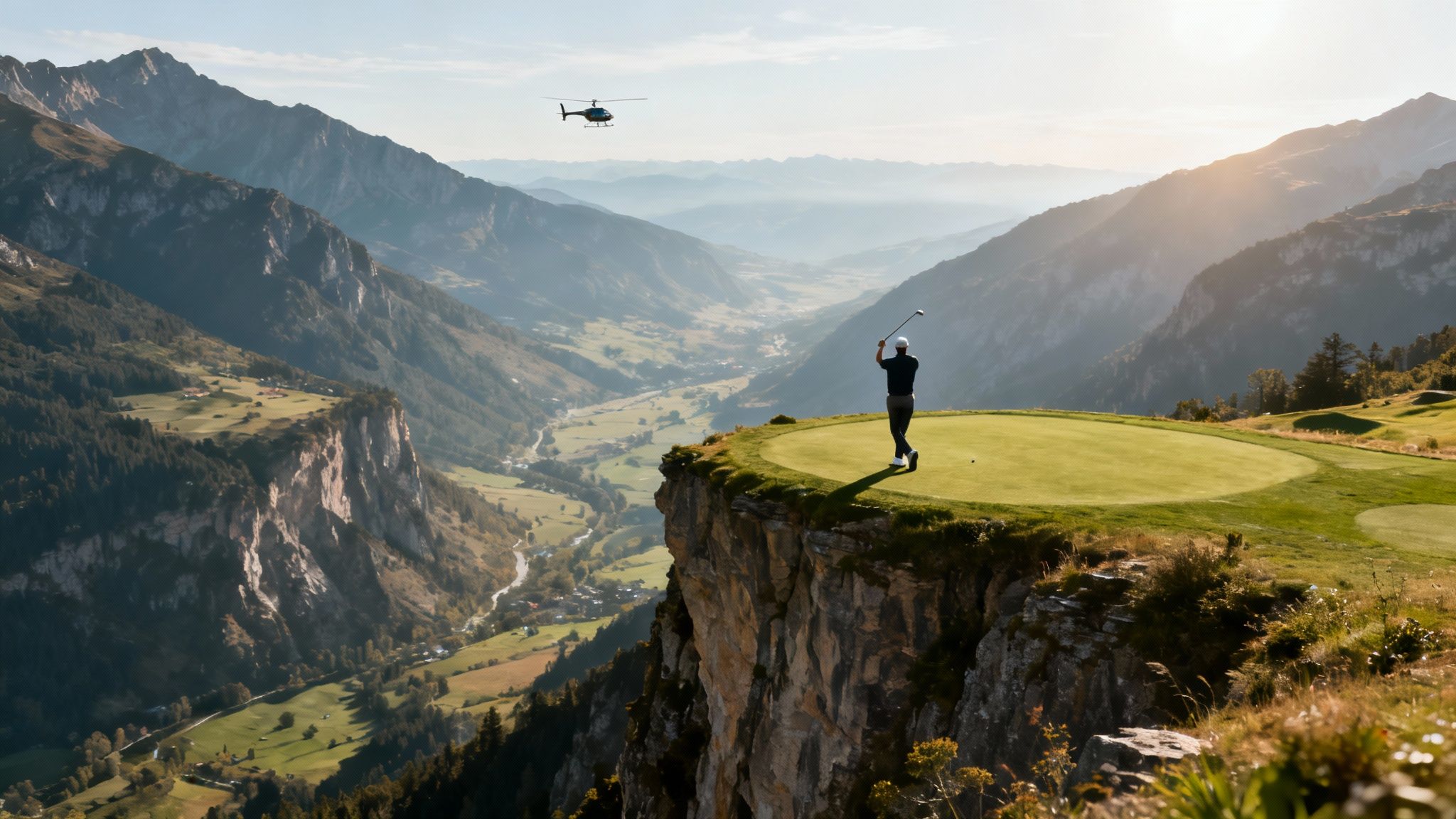 A golfer takes a swing on a cliffside green overlooking a majestic mountain valley with a helicopter.